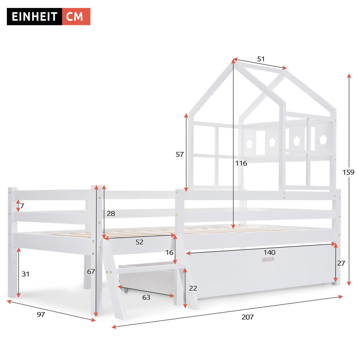 HOCHBETT 90/200 cm in Weiß mit Rausfallschutz, Leiter und Schublade - Weiß, Holz (90/200cm) - BEAOK