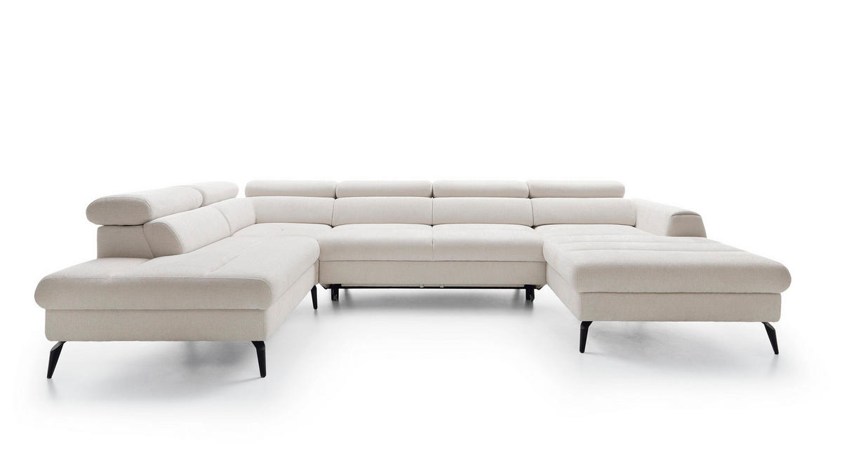 WOHNLANDSCHAFT NOTE Creme Chenille mit Schlaffunktion - Creme, Holz (345/93/257cm) - MASSENO