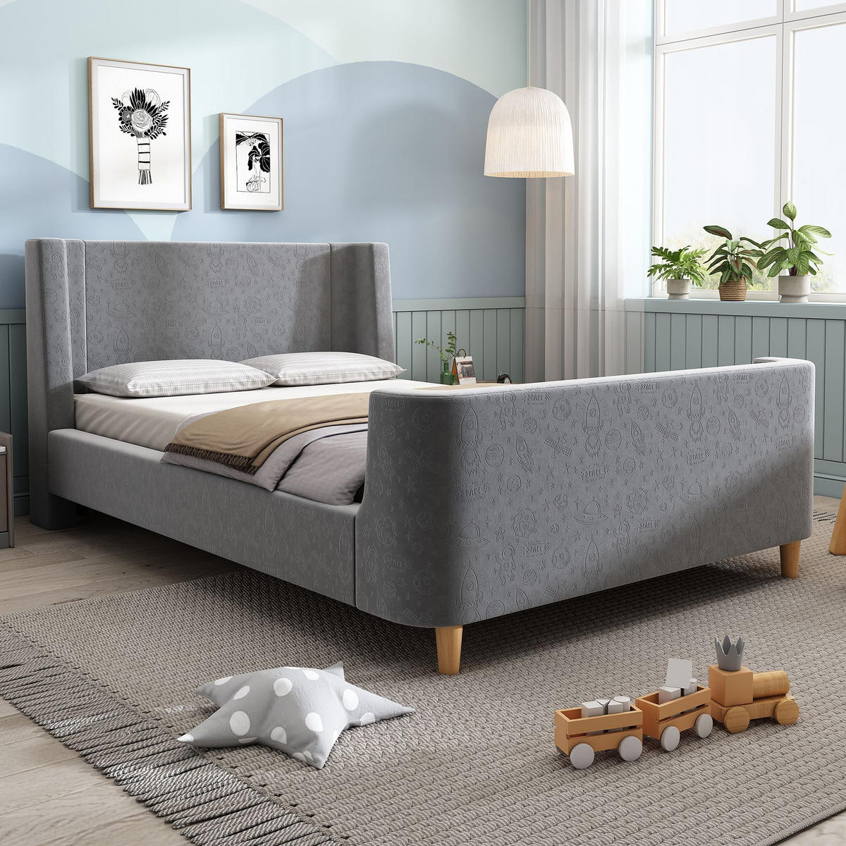 POLSTERBETT 90 x 200 cm in Grau Samt，Ohne Matratze - Grau, Textil (90/200cm) - KOMHTOM