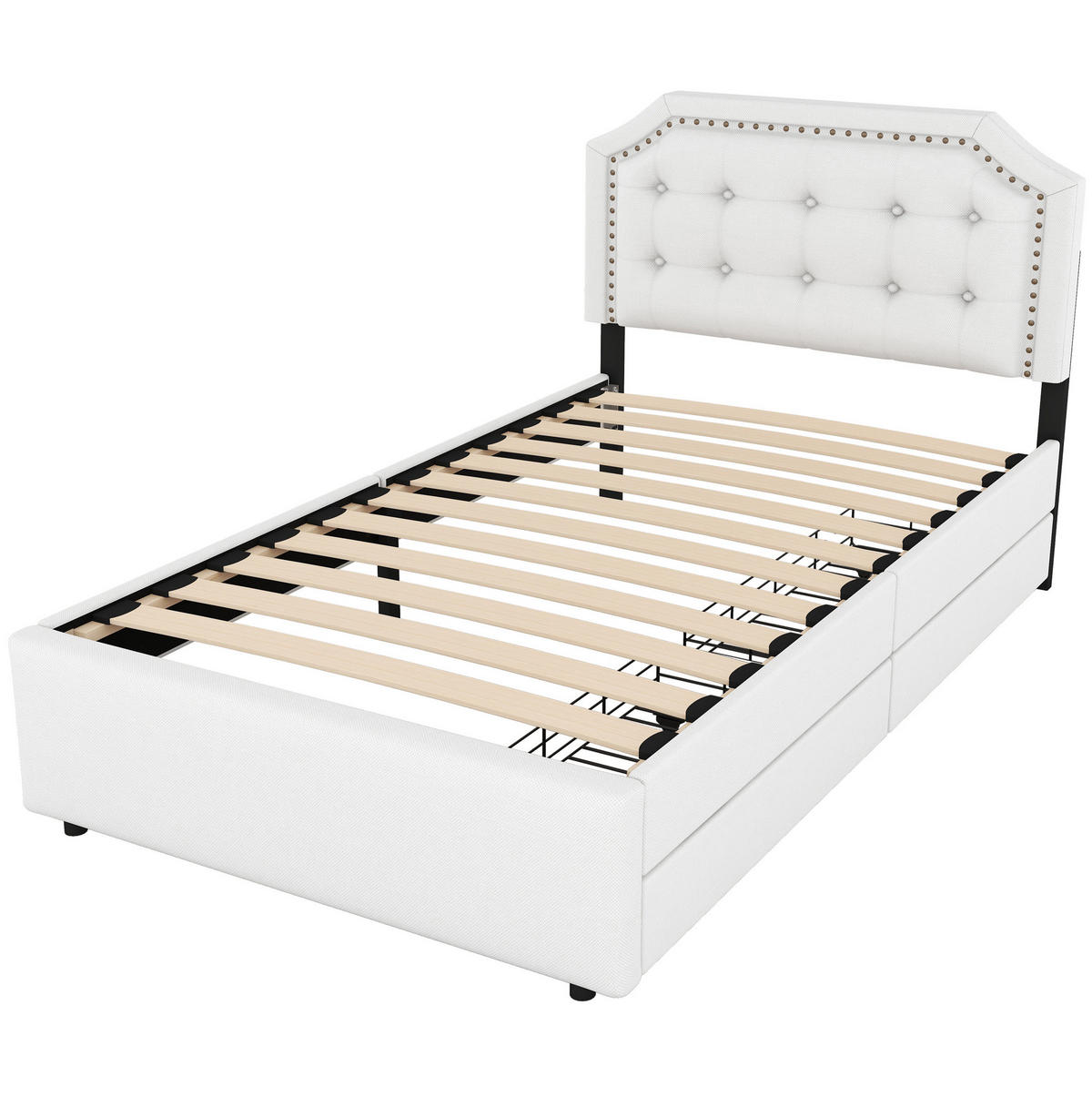 POLSTERBETT 90/200 cm mit Schubladen und gepolstertem Kopfteil in Hellbeige - Ecru, Holzwerkstoff (90/200cm) - BEAOK