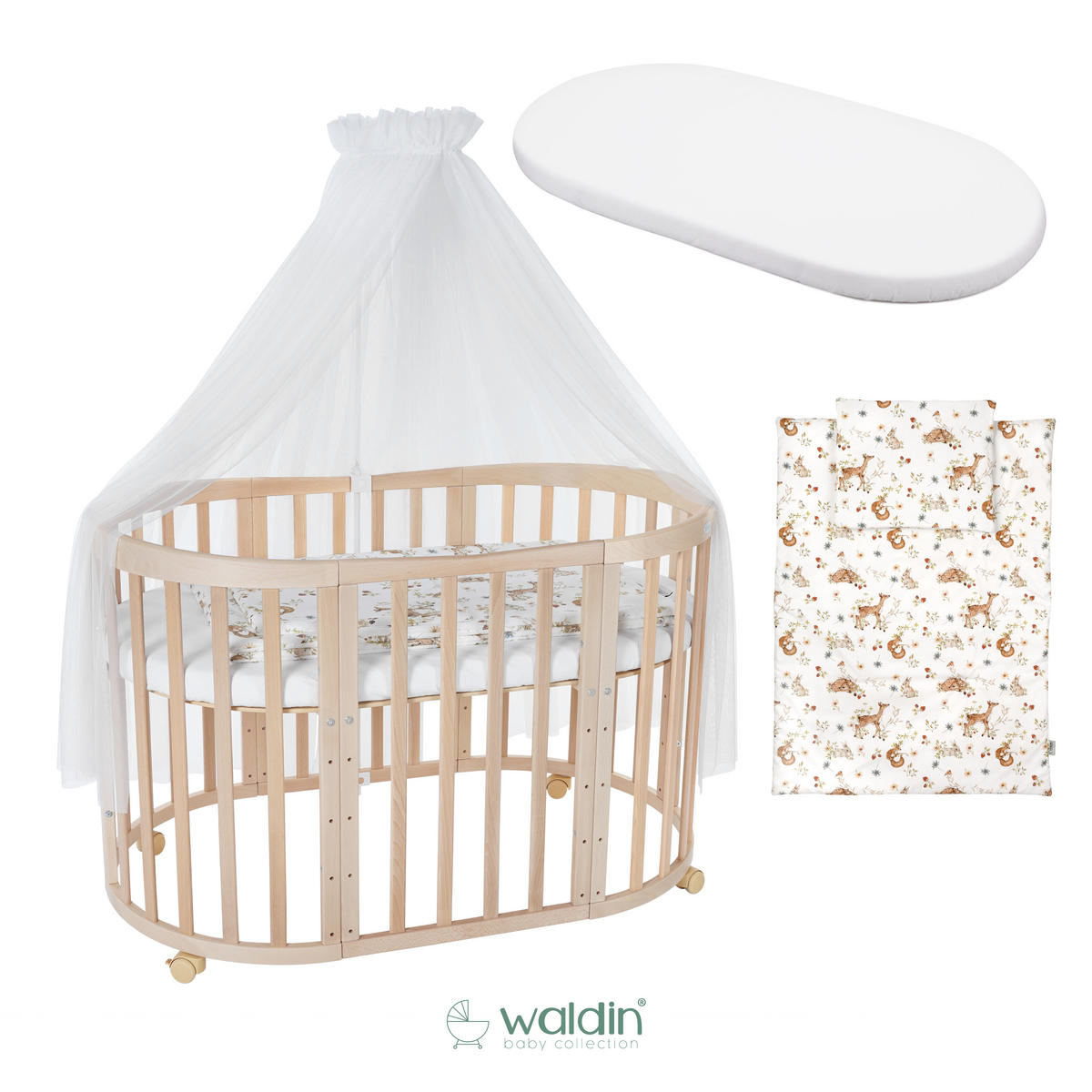 BABYBETT NATUR OVAL 7in1 mit Matratze und Himmelset - Multicolor/Naturfarben, Holz/Textil