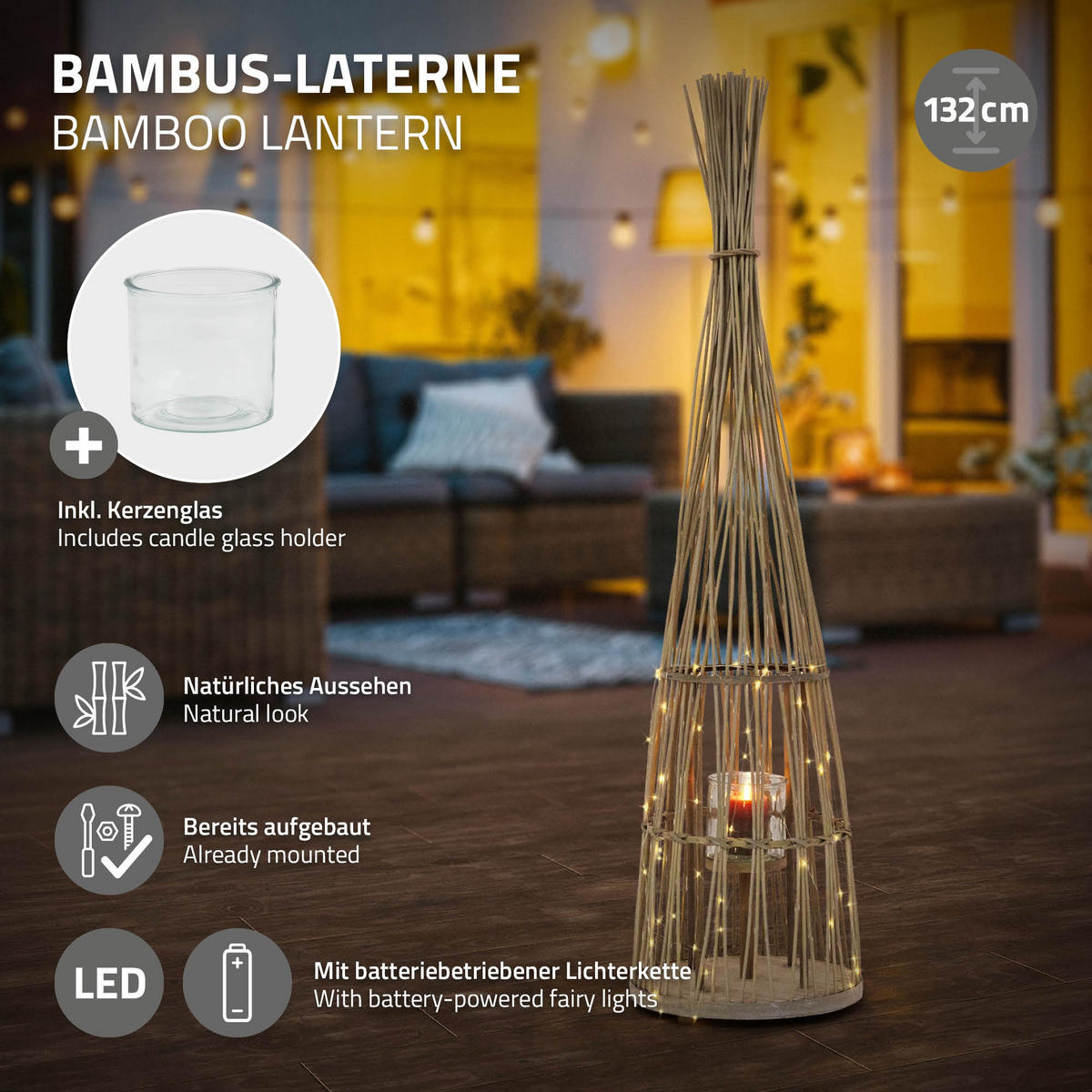 BAMBUSOVÁ LAMPION V: 132 cm, dřevěná barva, styl boho - přírodní, dřevo (34/132/34cm) - ECD-Germany
