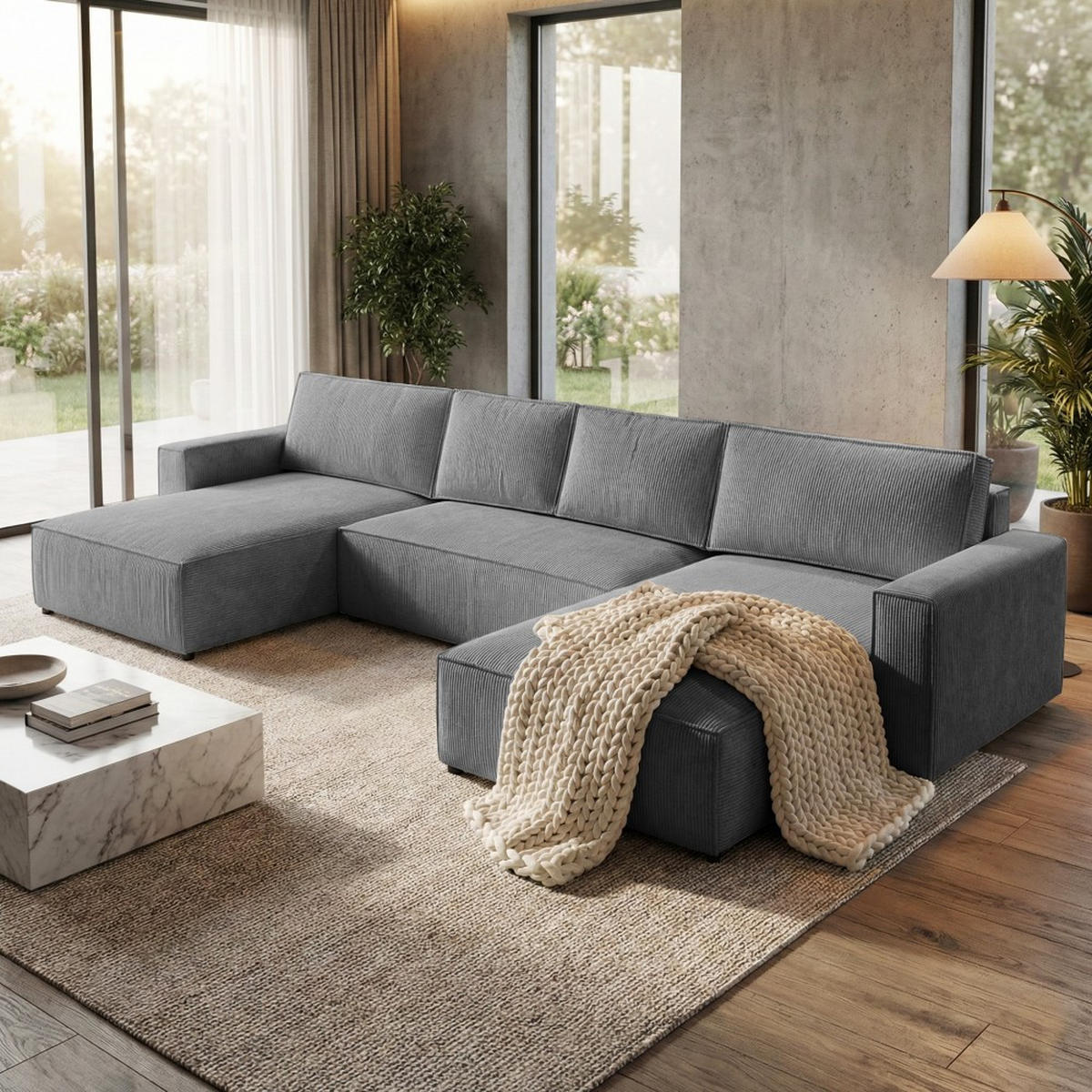 WOHNLANDSCHAFT Parys U mit Schlaffunktion grau - Schwarz/Grau, Kunststoff/Textil (390/70/185cm) - Beautysofa