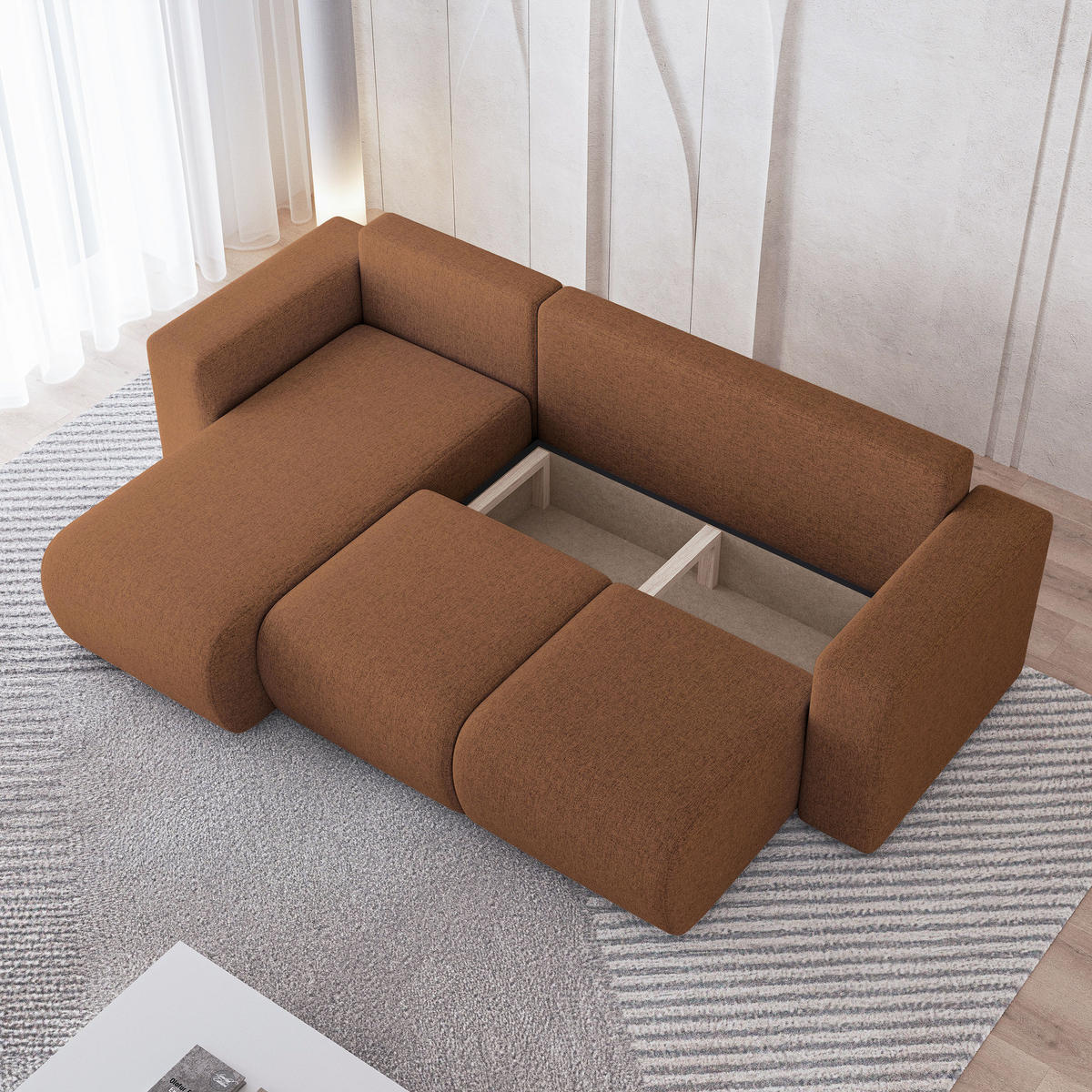 ECKSOFA RINOVA Kupferfarben Geflochtener Stoff mit Schlaffunktion - Kupferfarben, Holz (250/143cm) - MASSENO