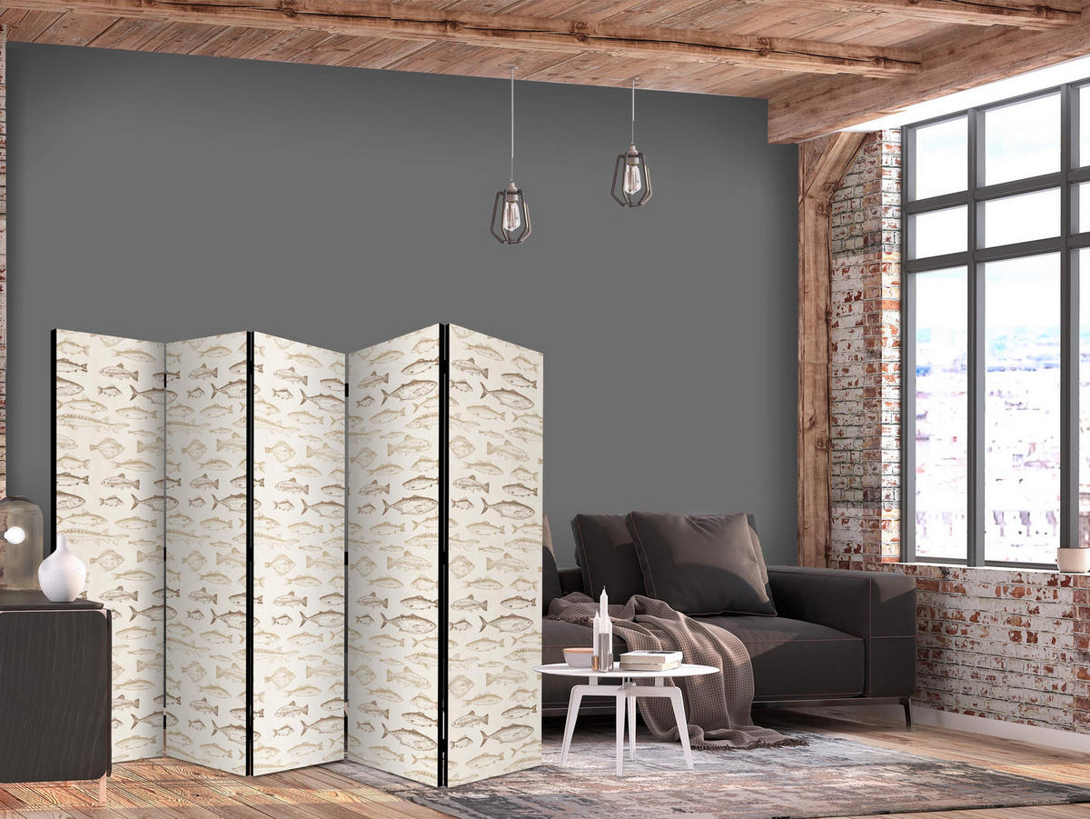 PARAVENT Beidseitig Bedruckter 5-tlg 225x172 cm Fische Boho - Braun, Holz/Textil (225/172/3cm) - Muralo