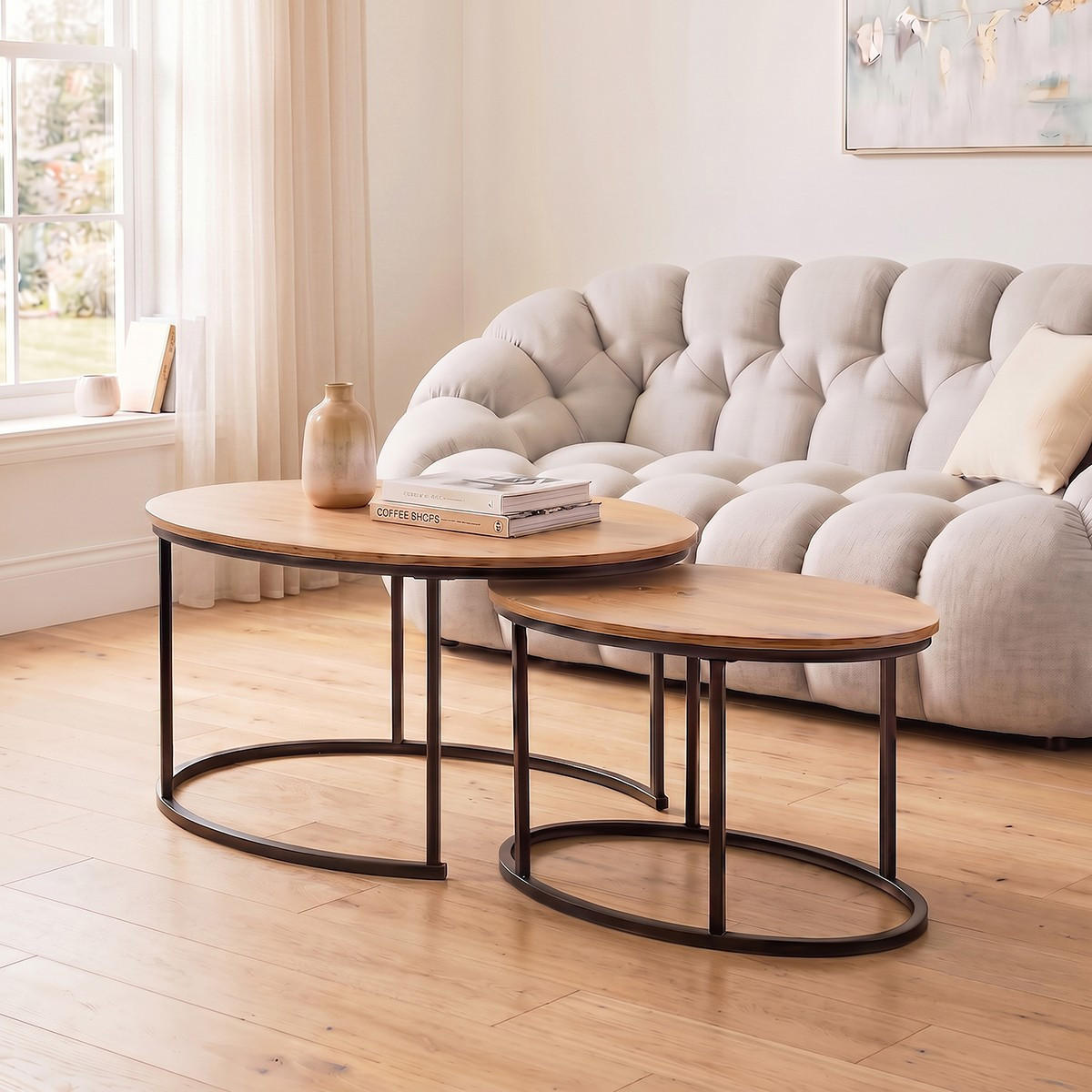 SET med 2 ovala soffbord i ekeffekt, 90 cm långa - LENNY - Askfärgad, Träbaserade material (66/60/45cm) - Calicosy