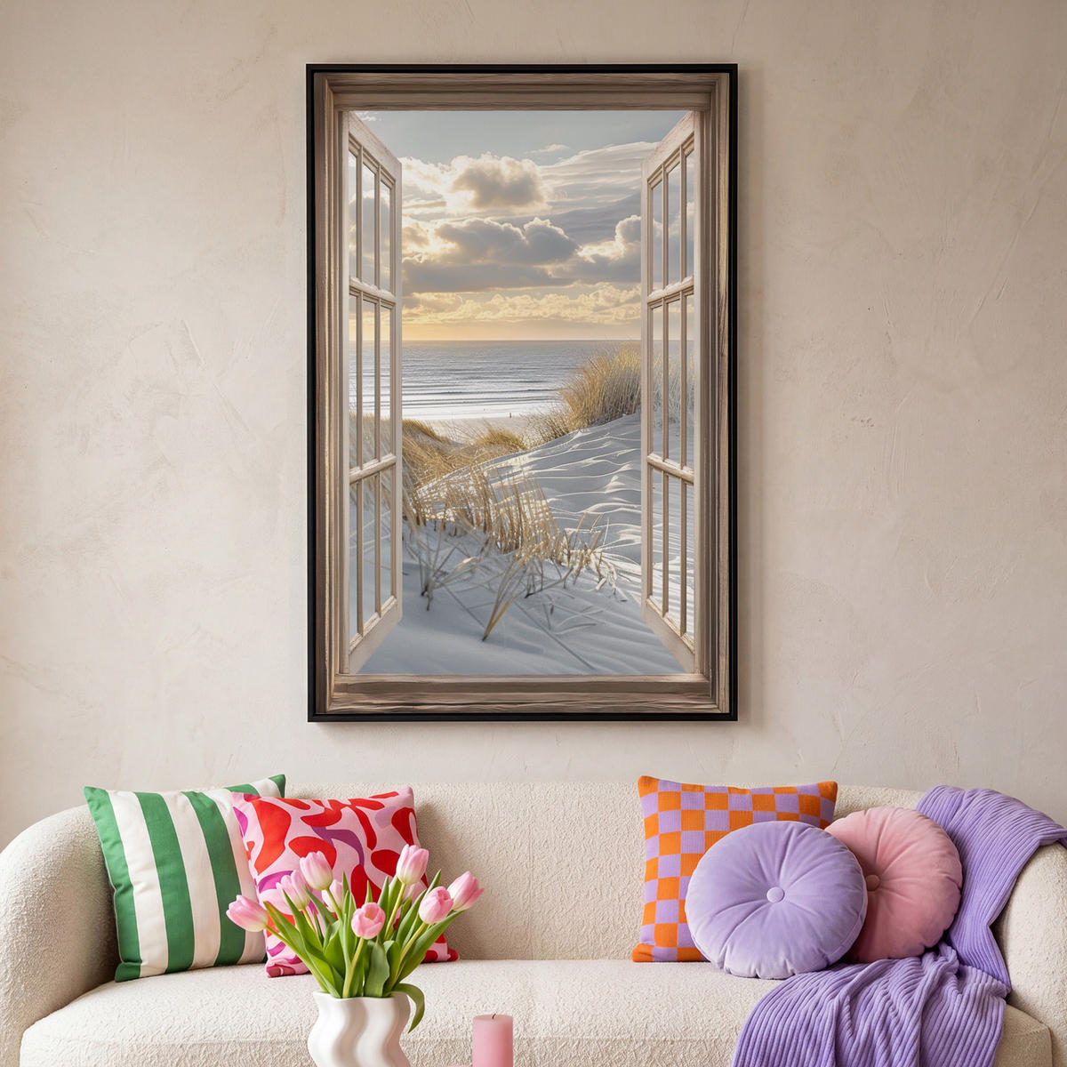 LEINWAND Bilder mit Rahmen - Ausblick - Strand - Dünen - Meer - Natur - 80x120 - Sandfarben, Textil (80/120cm) - MuchoWow