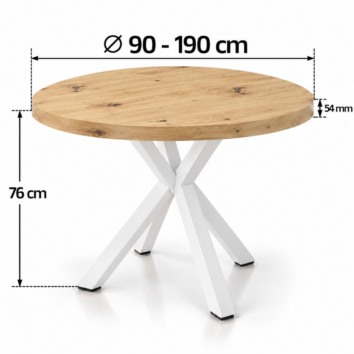 ESSTISCH rund ausziehbar 90/190/76 cm, Artisan Eiche, 54 cm Tischplatte + X Metallbeine weiß - Weiß/Eiche Artisan, Holzwerkstoff/Metall (90/190/76cm) - Damale Möbel