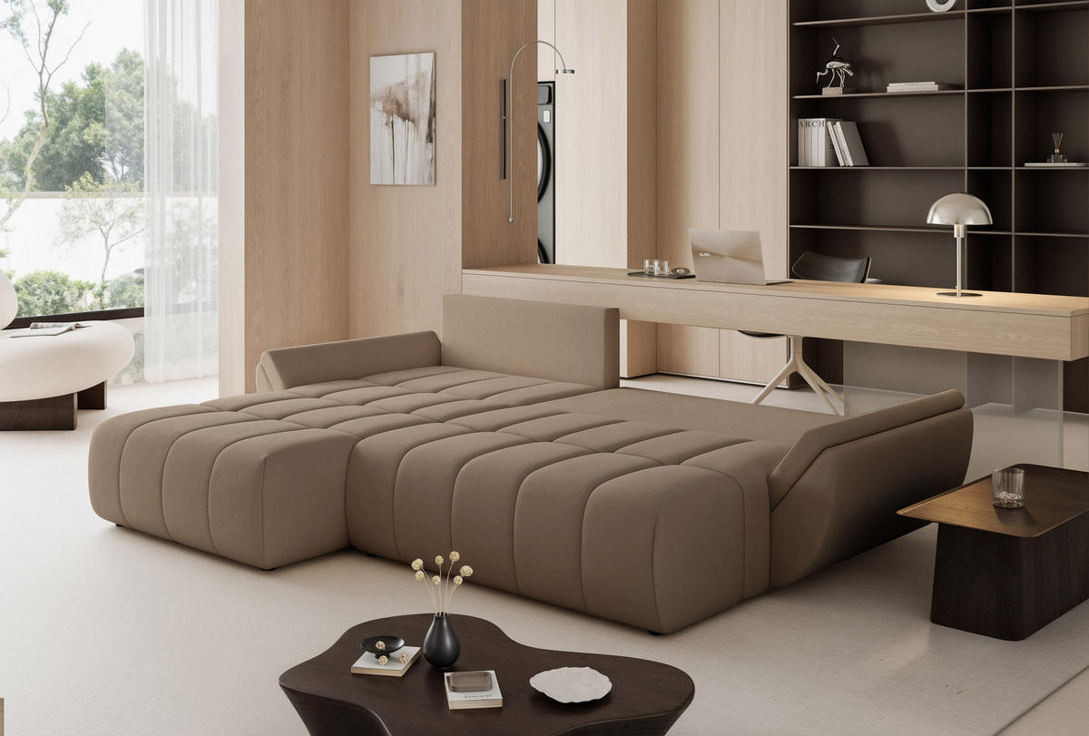 ECKSOFA ARO mit Schlaffunktion und Bettkasten Beige - Beige, Holzwerkstoff/Kunststoff (280/190cm) - Idohome