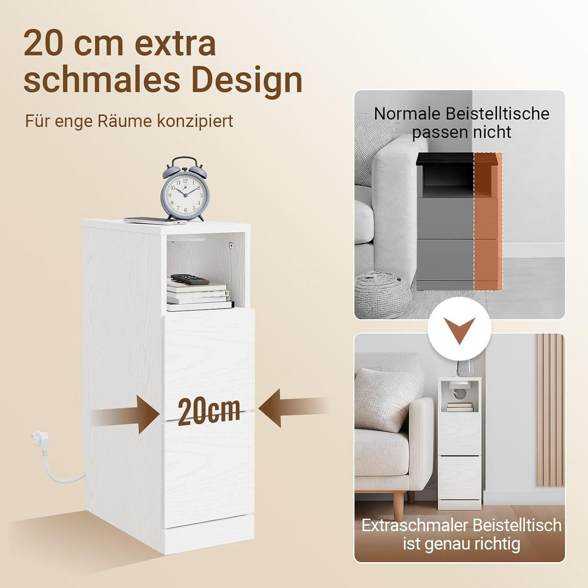 NOĆNI stol s dvije skrinjice i integriranim svjetlom - bijela, drvni materijal (35/60/20cm) - SoBuy