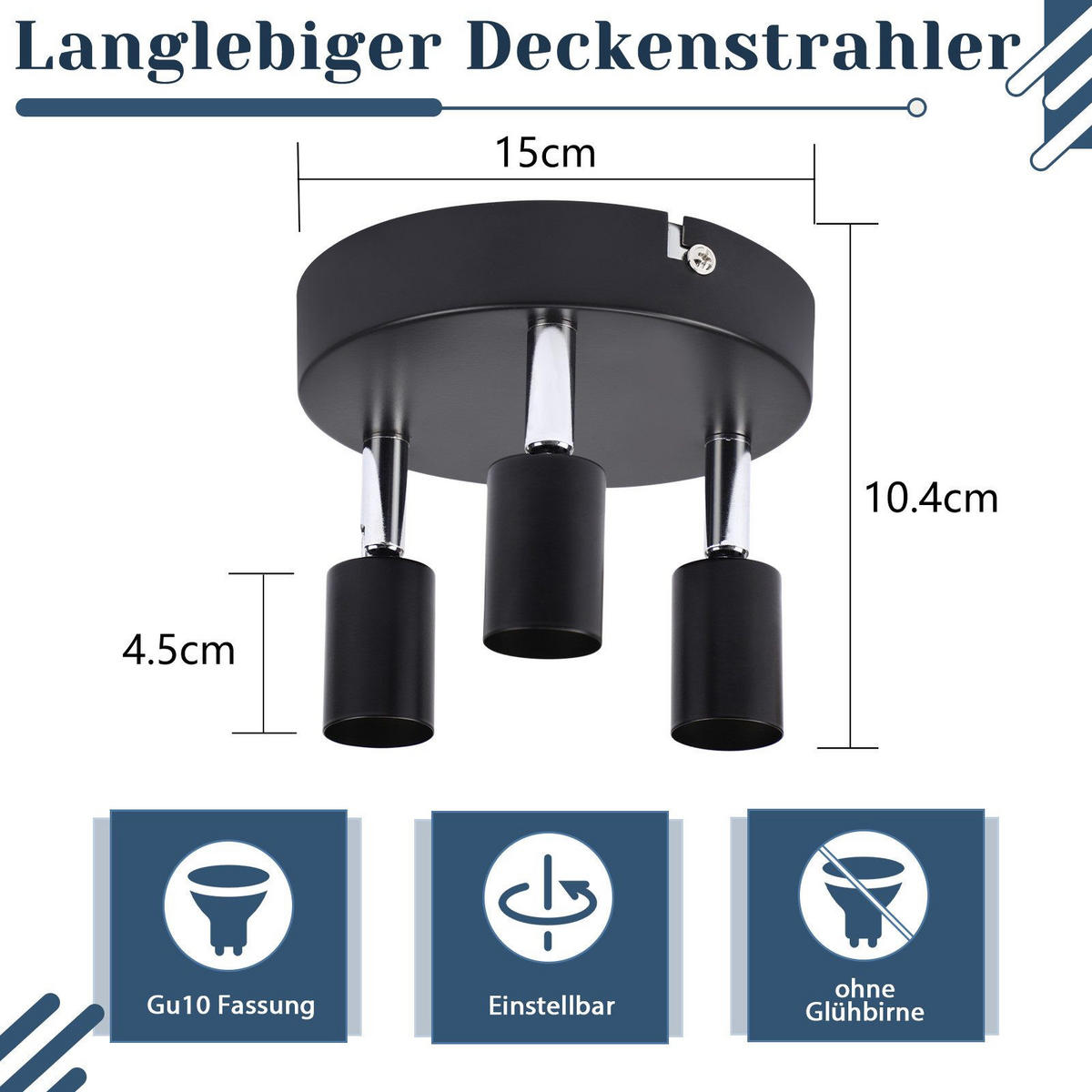 STRAHLER Bamberg 3-flammig 15/15/10.4 cm - Schwarz, Metall (15/15/10.4cm) - Nettlife