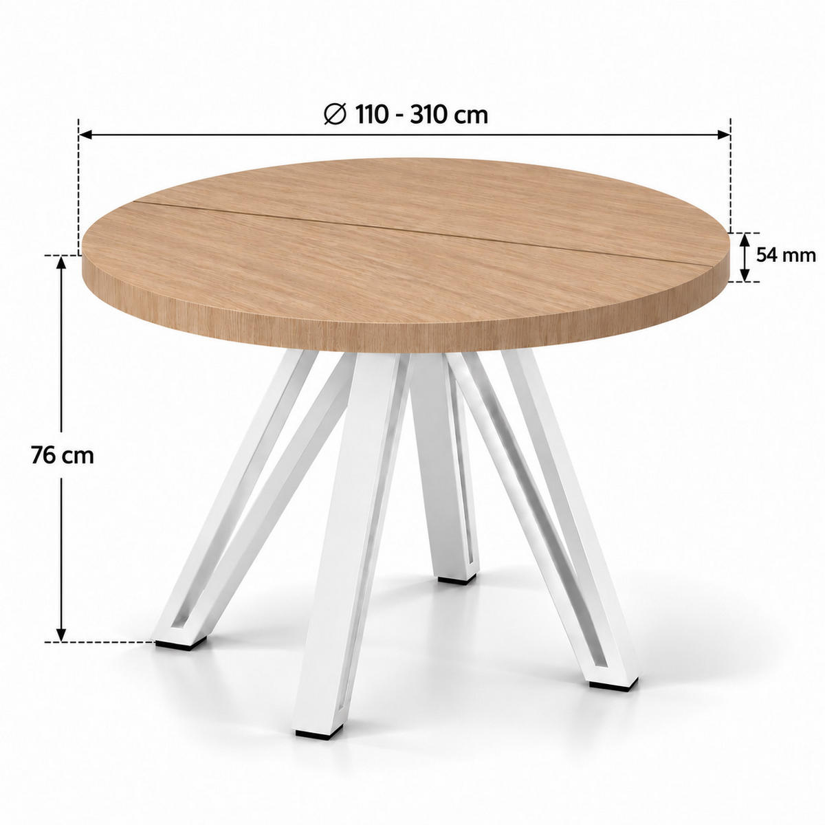 ESSTISCH rund ausziehbar 110/310/76 cm, Hellbraun Eiche Hikora, 54 cm Tischplatte + Industrial Metallgestell Weiß - Hellbraun/Eichefarben, Holzwerkstoff/Metall (110/310/76cm) - Damale Möbel