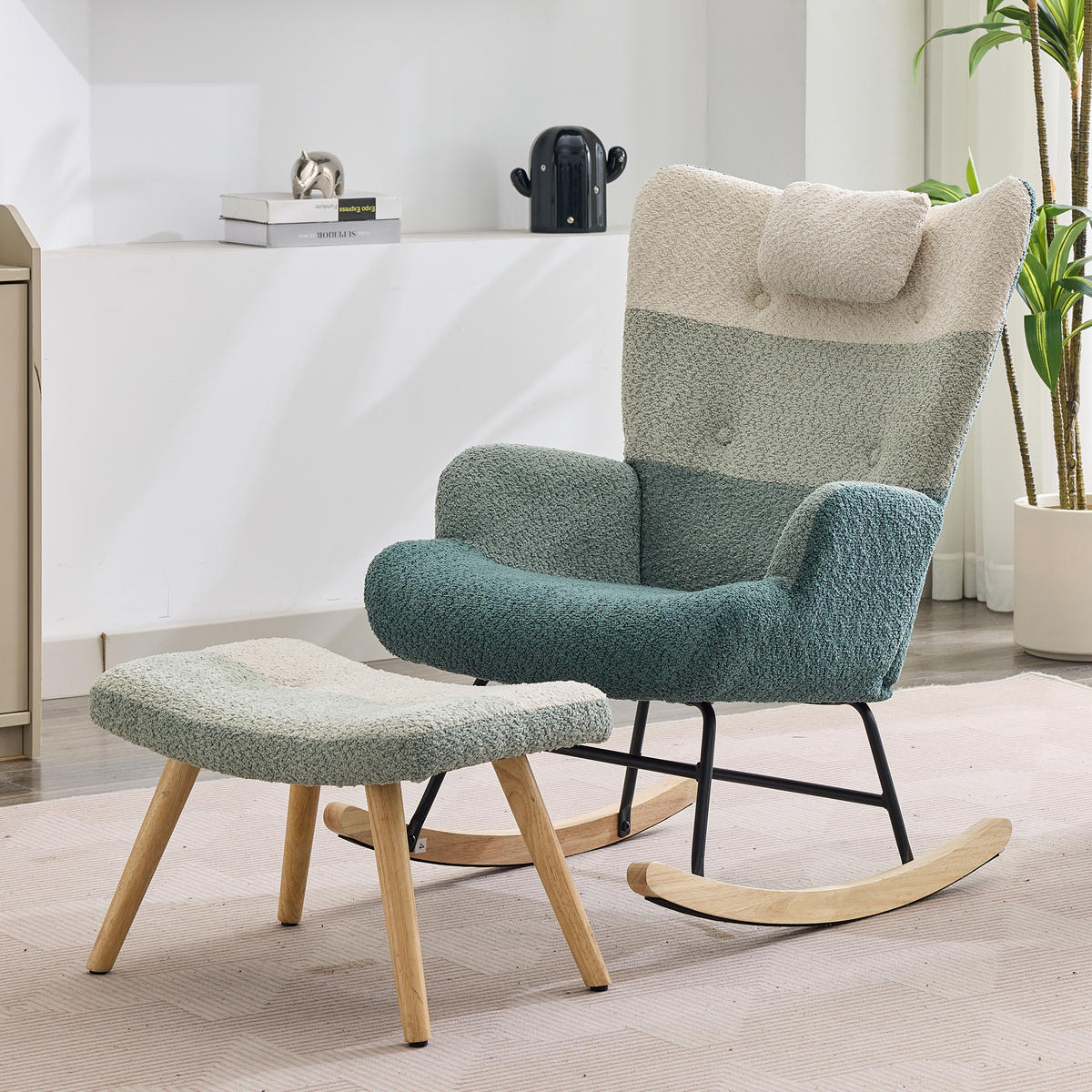 SCHAUKESEL mit Fußbank, Bouclé Patchwork mehrfarbig - Multicolor, Textil (95/65.5/83cm) - FLIEKS