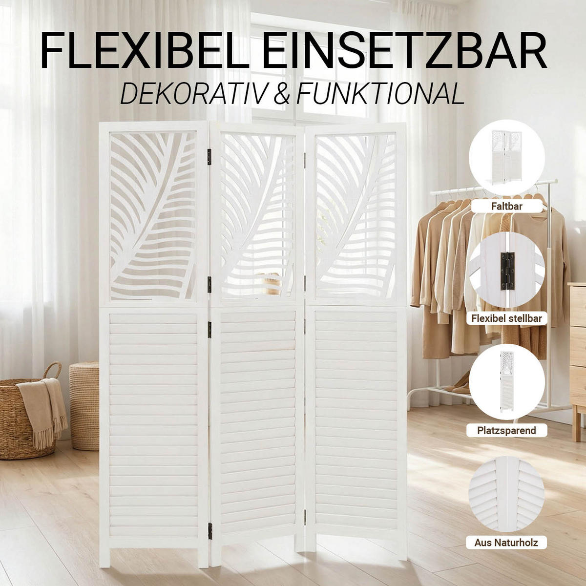 PARAVENT 120/170 cm Weiß - Weiß, Holz (120/170/2cm) - Homestyle4u