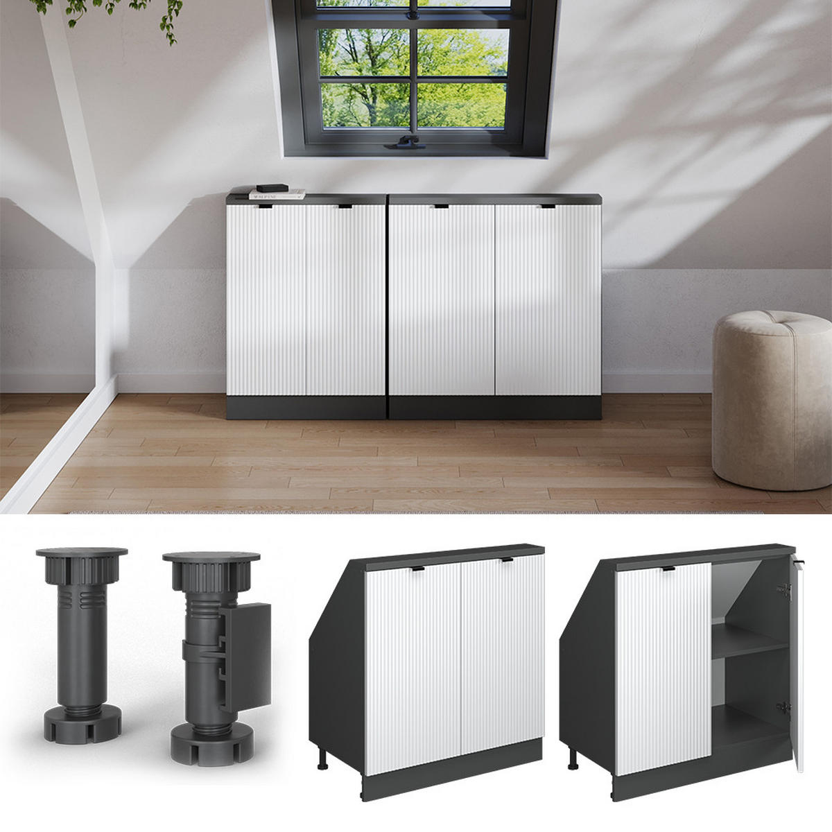 KUHINJSKA OMARA ZA POŠEVNE STREHE R-Line Belo valovanje - bela/antracit, leseni material (80/81.6/46cm) - Vicco