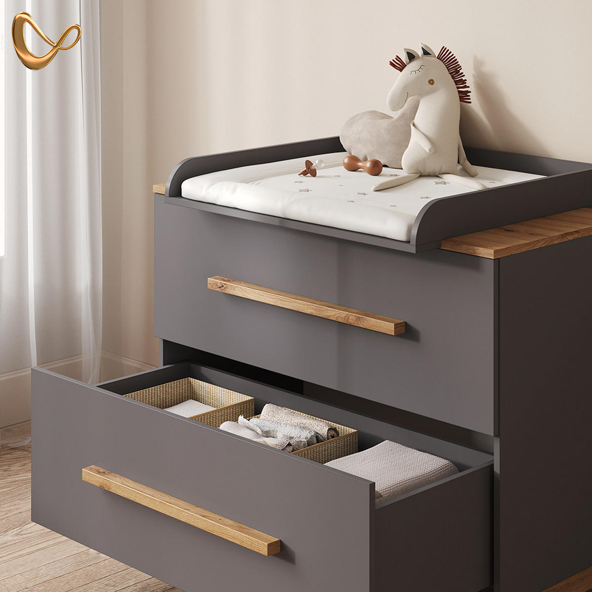 WICKELKOMMODE Mailo Grau/Artisan mit 2 Schubladen - Eiche Artisan/Grau, Holzwerkstoff (108/98/70cm) - Livinity®