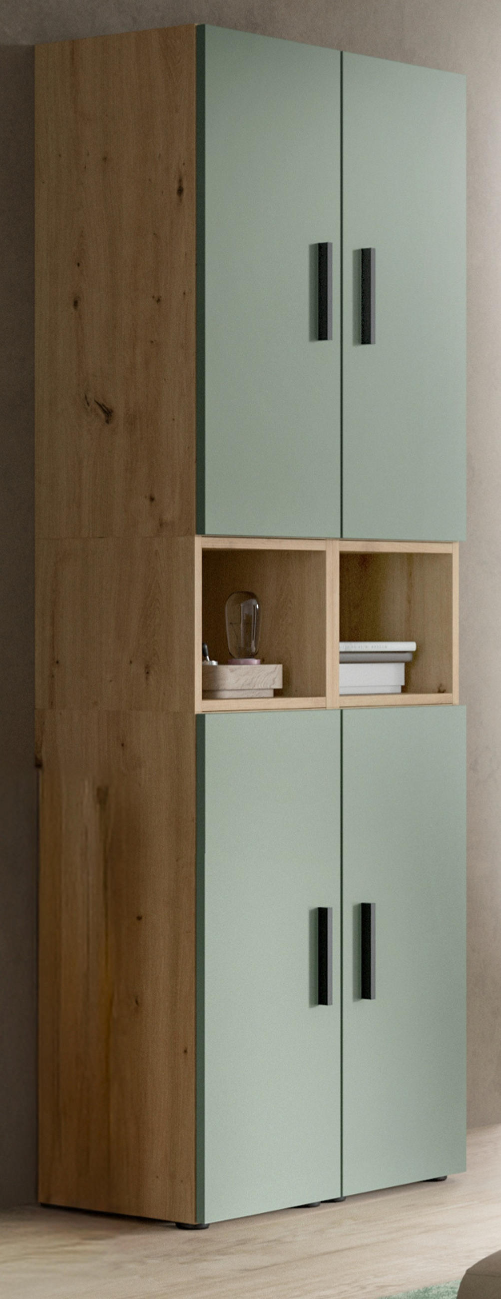 STAURAUMSCHRANK grün, Eiche Artisan 65 x 178 cm, Mehrzweckschrank mit viel Stauraum - Schwarz/Eiche Artisan, Holzwerkstoff/Kunststoff (65/178/34cm) - Inn.Furn