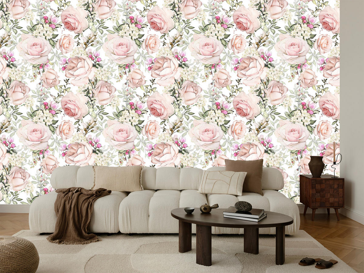 VLIESTAPETE Rosen und Blätter – Rosa, Grün, Weiß – 50x1000 cm - Rosa/Weiß, Papier (50/1000cm) - Muralo