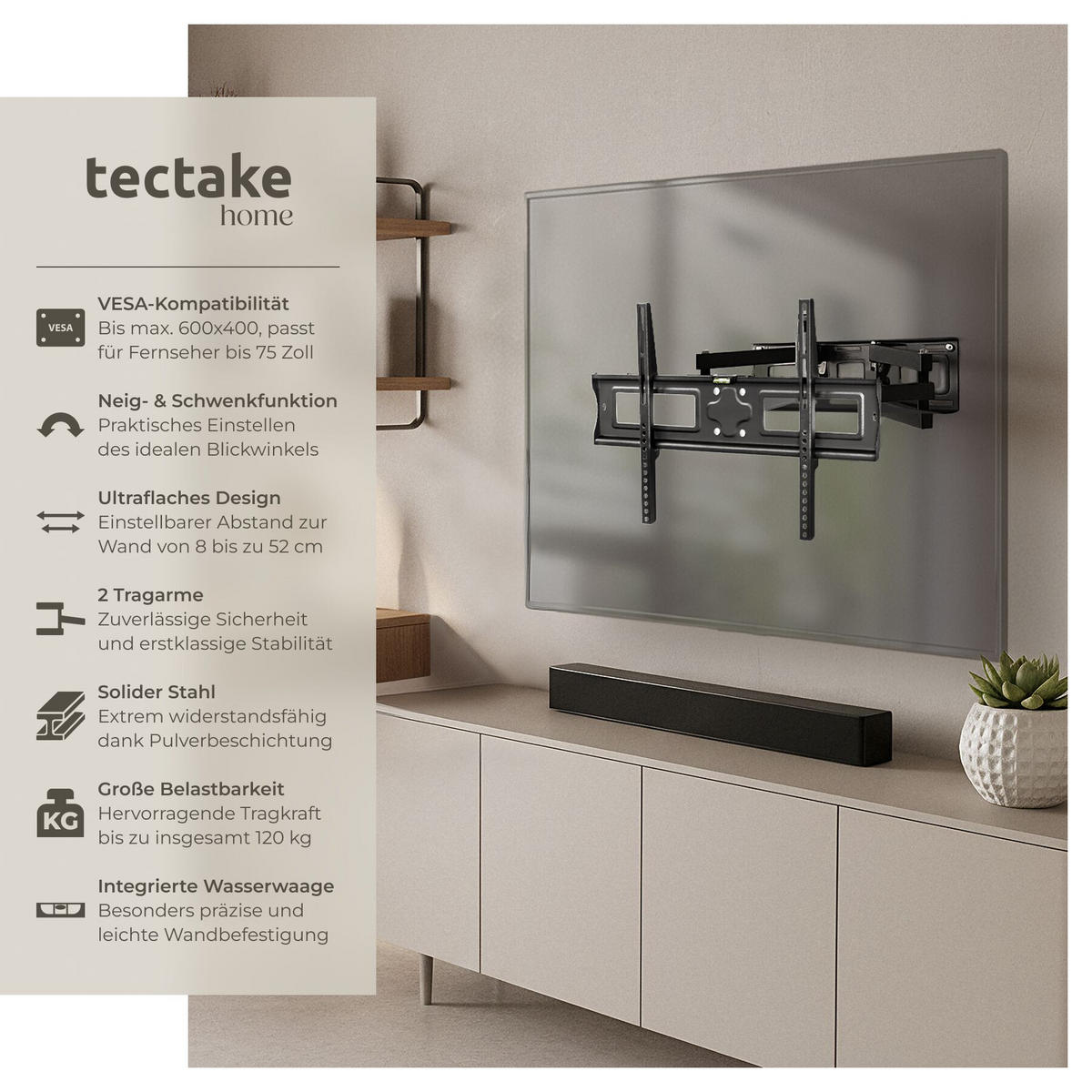 TV-WANDHALTERUNG, bis 120 kg, schwarz - Schwarz, Metall (65/40/52cm) - tectake