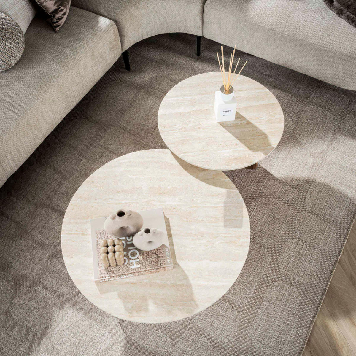 COUCHTISCH-SET ROMANO SCULTURA 2-teilige runde Satztische mit skulpturalen Panel-Beinen - Beige/Braun, Keramik (76/76/30cm) - alesvelt