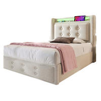 POLSTERBETT 90x200 cm Beige mit LED-Kopfteil, Ladeanschlüssen und Bettkasten - Beige, Textil (90/200cm) - IVMEU