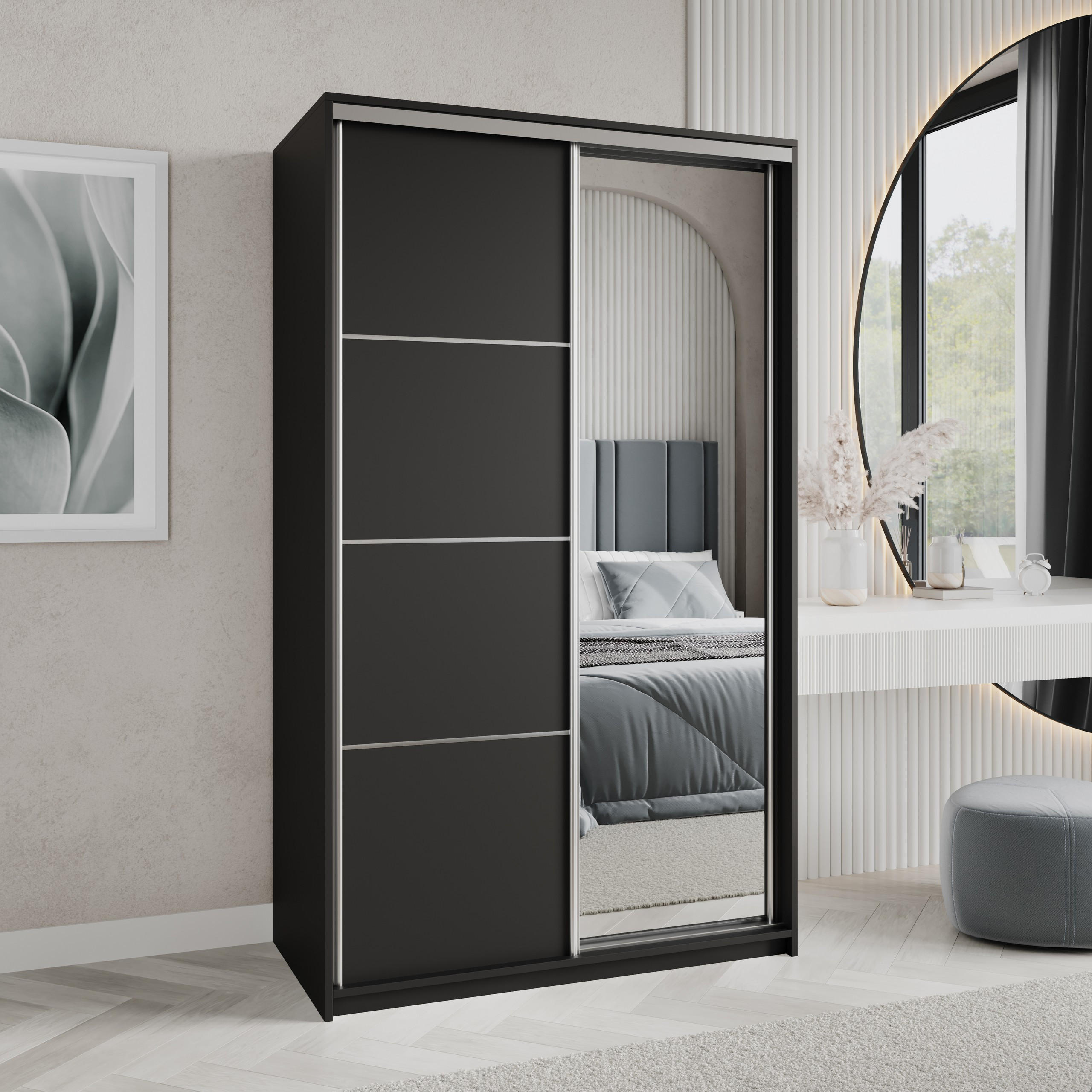 SCHWEBETÜRENSCHRANK VARO 120/205/60 cm 2-türig mit Spiegel Schwarz - Schwarz, Holzwerkstoff (120/205/60cm) - MASSENO