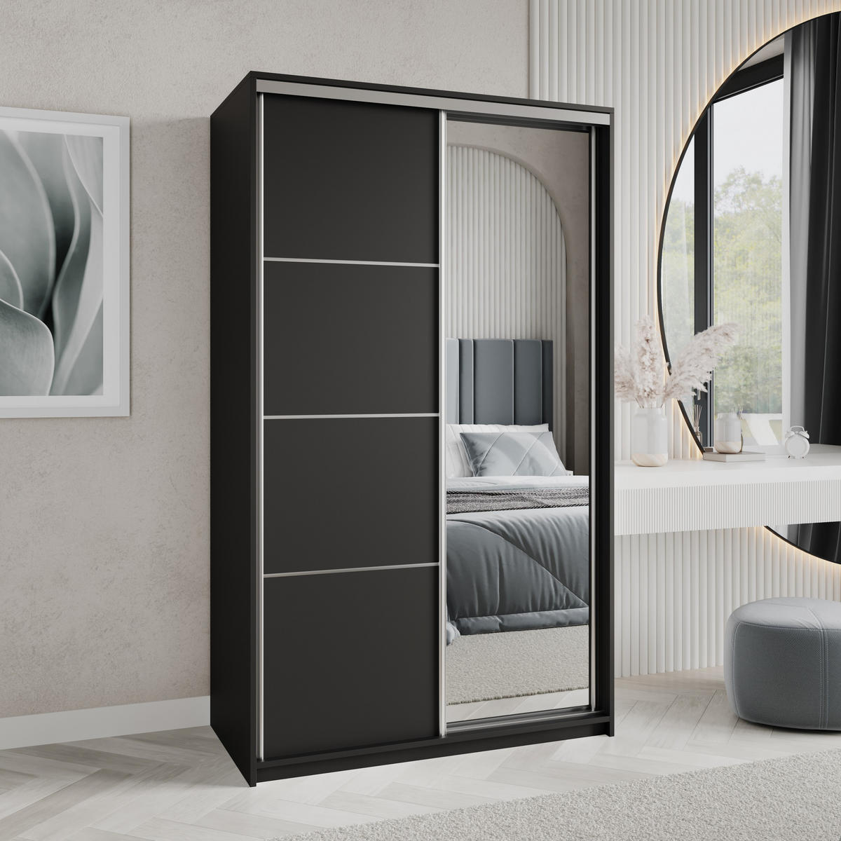 SCHWEBETÜRENSCHRANK VARO 120/205/60 cm 2-türig mit Spiegel Schwarz - Schwarz, Holzwerkstoff (120/205/60cm) - MASSENO