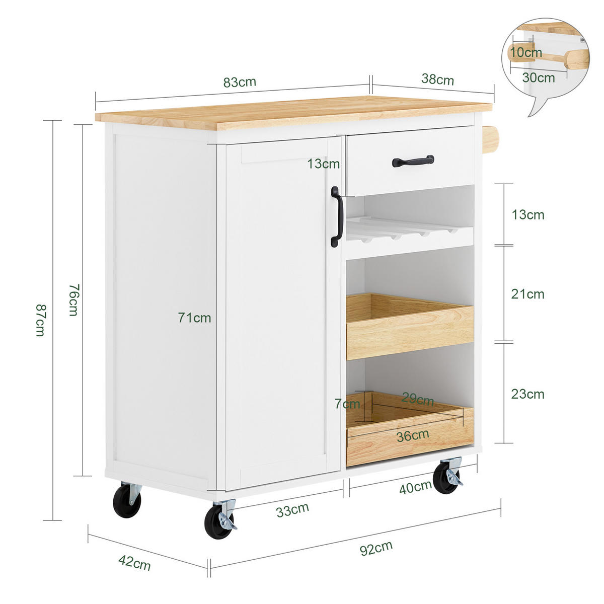 KÜCHENWAGEN mit Gummibaum-Arbeitsplatte - Weiß, Holz/Holzwerkstoff (92/87/42cm) - SoBuy