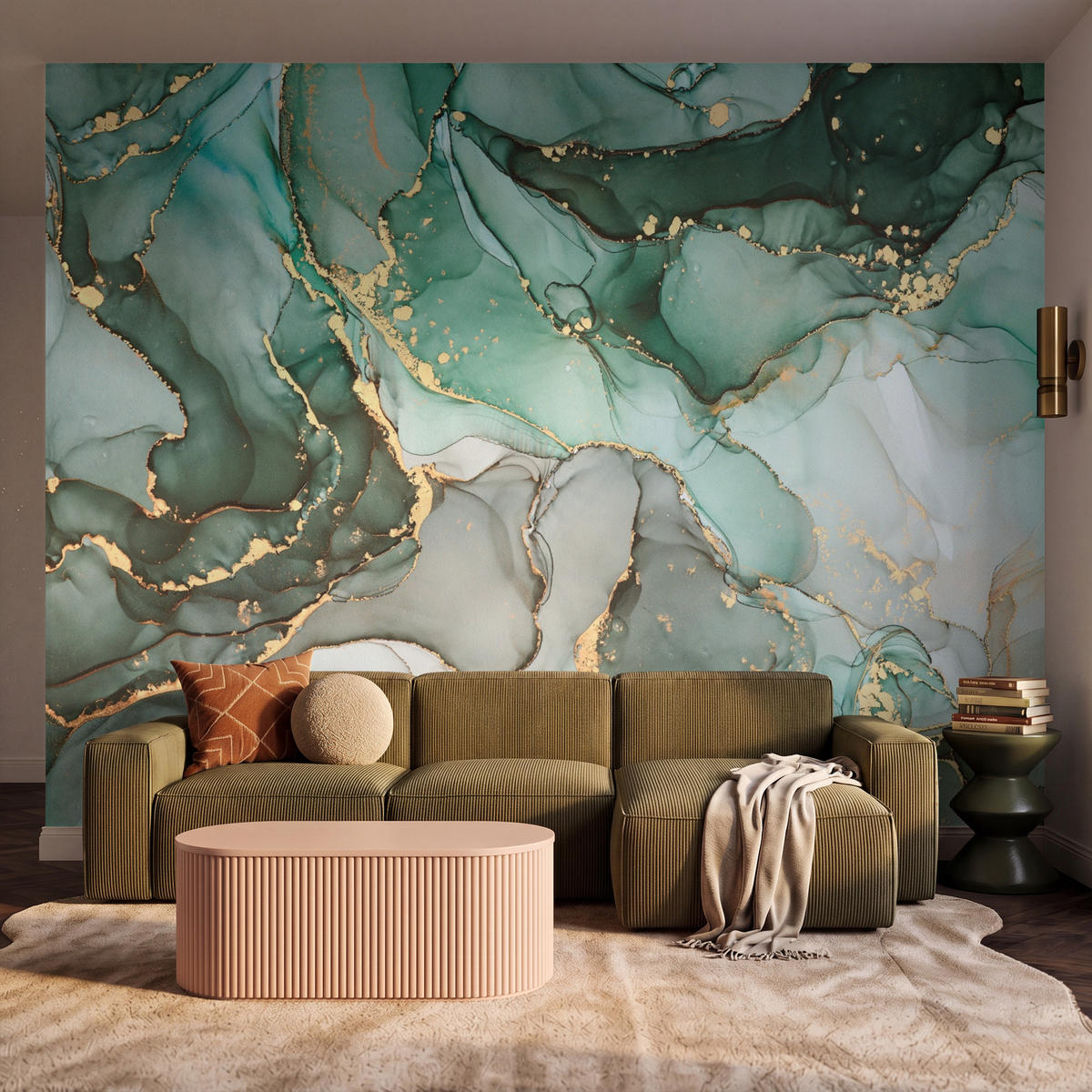 TAPETE - Gold - Marmor - Grün - Luxus - Marmoroptik - Grau - 350x280 cm - Grün, Papier (350/280cm) - OnlyWow