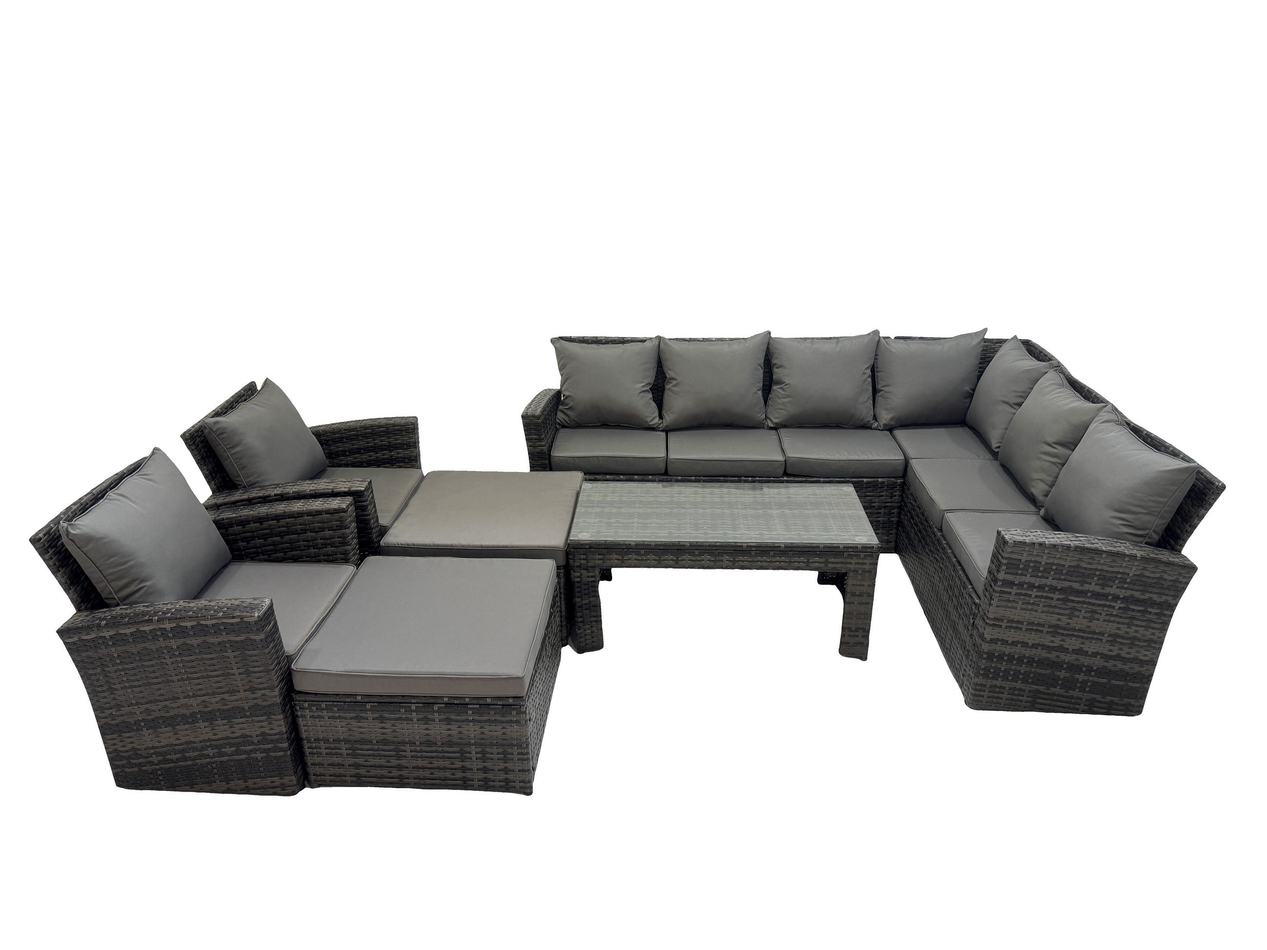 LOUNGEGARNITUR mit Couchtisch Sofa,Hocker Polyrattan Dunkelgrau 10-Sitzer - Dunkelgrau/Grau, Glas/Kunststoff - Fimous