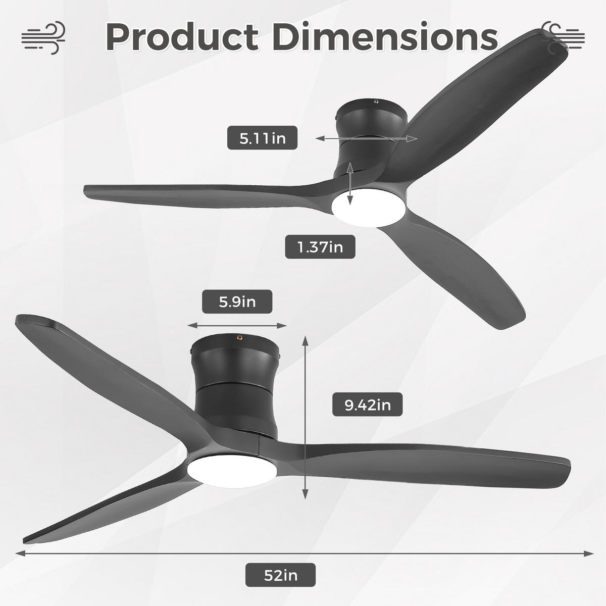 DECKENVENTILATOR DE-16209 132 cm Flachmontage mit 3 Massivholzflügeln - Schwarz, Holz/Metall (132.08/132.08/28.5cm) - ComfortXL