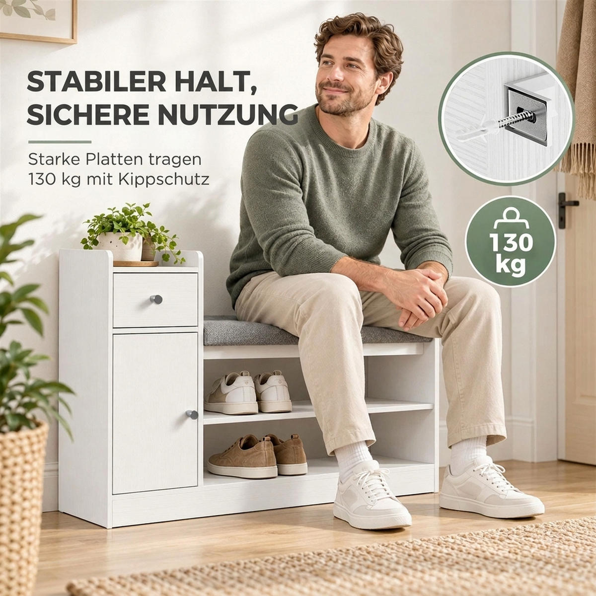 SCHUHBANK Polyester Spanplatte Weiß - Weiß/Grau, Holzwerkstoff/Textil (29.8/67.8/90cm) - HOMCOM