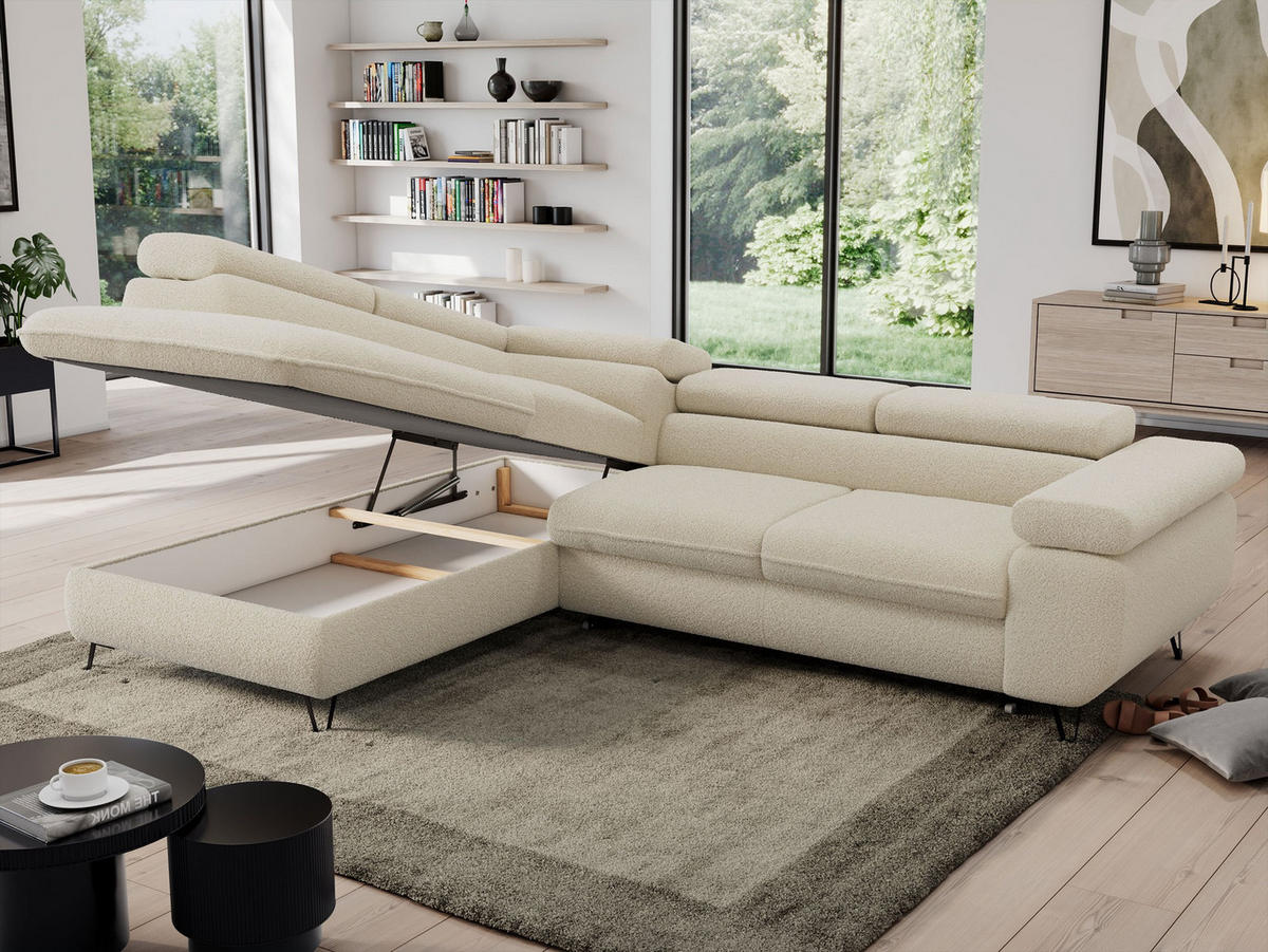 ECKSOFA PEDRO L Beige Boucle - Links Seite - Beige/Schwarz, Textil/Metall (208/273cm) - MKS