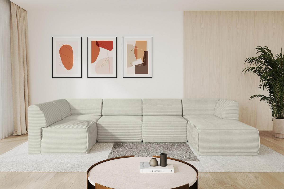 WOHNLANDSCHAFT Ottomane Rechts MOVO-L 345x180x78 cm Cream Cord - Creme, Holzwerkstoff/Kunststoff (180/78/345cm) - ALTDECOR