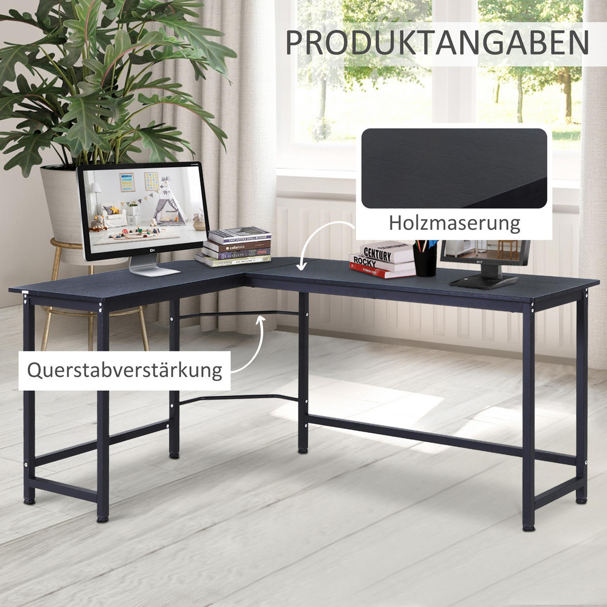 SCHREIBTISCH L-Form, Metall, Schwarz - Schwarz, Metall (168/120/75cm) - Vinsetto