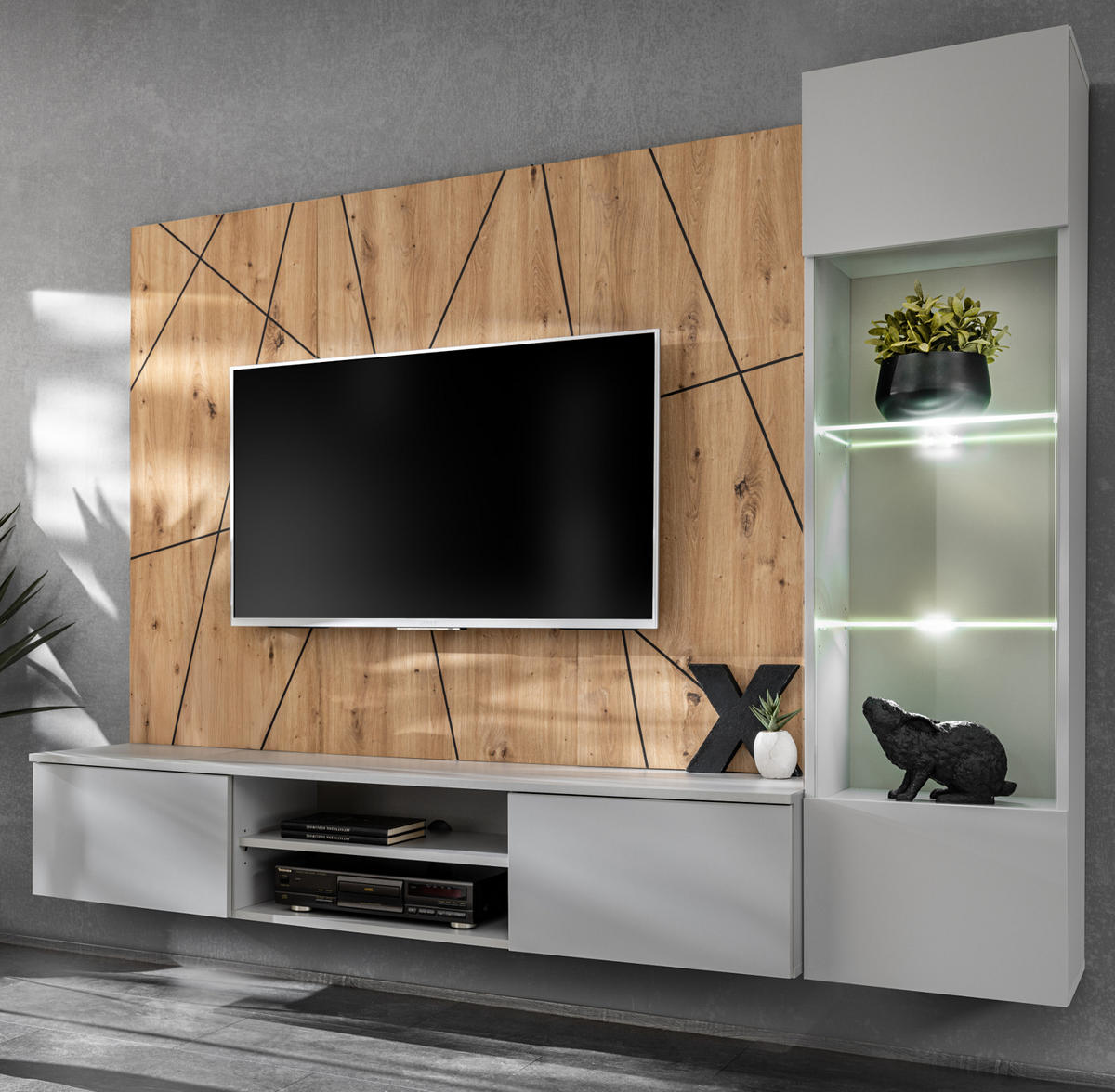 WOHNWAND hellgrau, Eiche Artisan 200 cm, Schrankwand inklusive Beleuchtung, Push-to-Open - Hellgrau/Eiche Artisan, Glas/Holzwerkstoff (200/148/35cm) - Inn.Furn