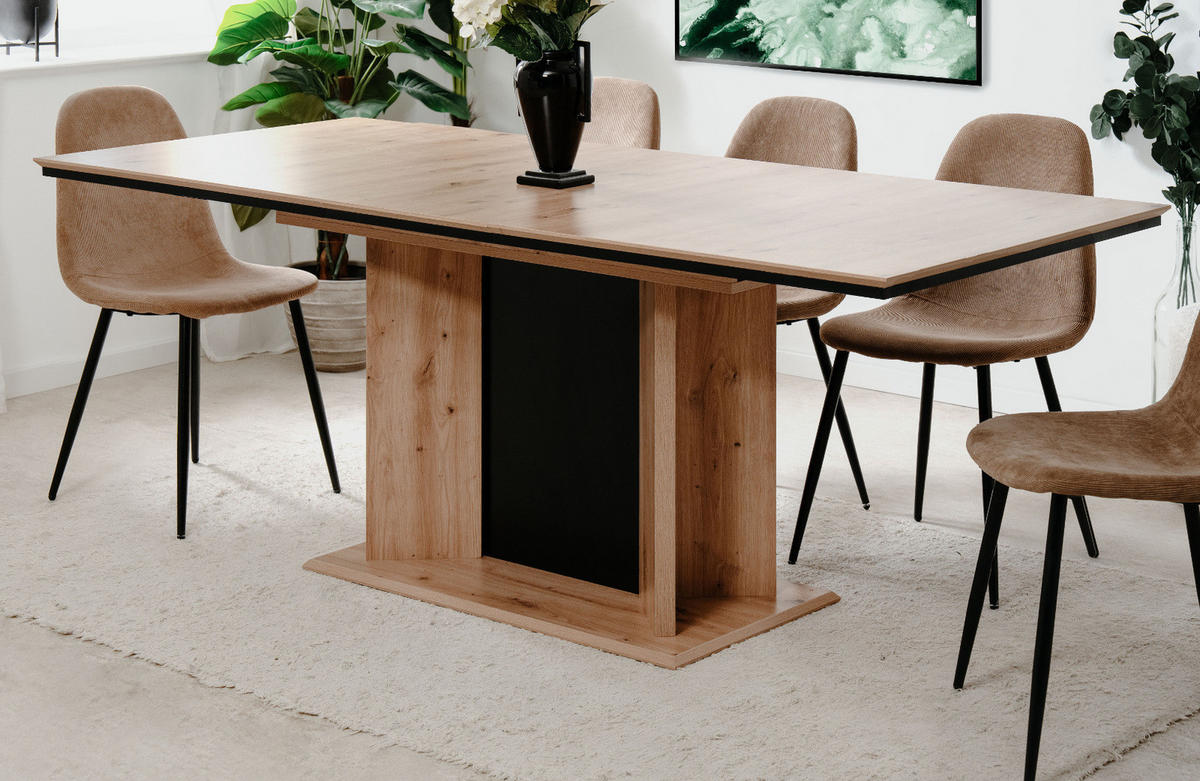 ESSTISCH Eiche Artisan, schwarz, Säulentisch ausziehbar 160 - 200 x 90 cm - Schwarz/Eiche Artisan, Holzwerkstoff (160/90/76cm) - Furn.Design