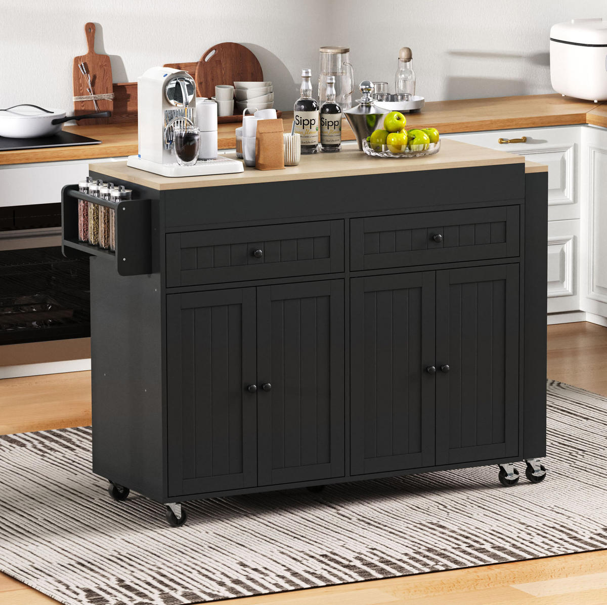 KÜCHENINSEL mit ausziehbarer Arbeitsplatte 112-180,5 cm MDF Black/Natural - Schwarz, Holz (45/92.2/180.5cm) - Beauniv