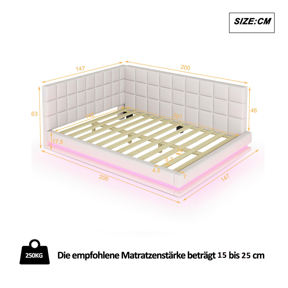 POLSTERBETT 140/200 cm mit LED-Beleuchtung & USB-Anschluss Samt Beige - Beige, Leder (140/200cm) - OKWISH