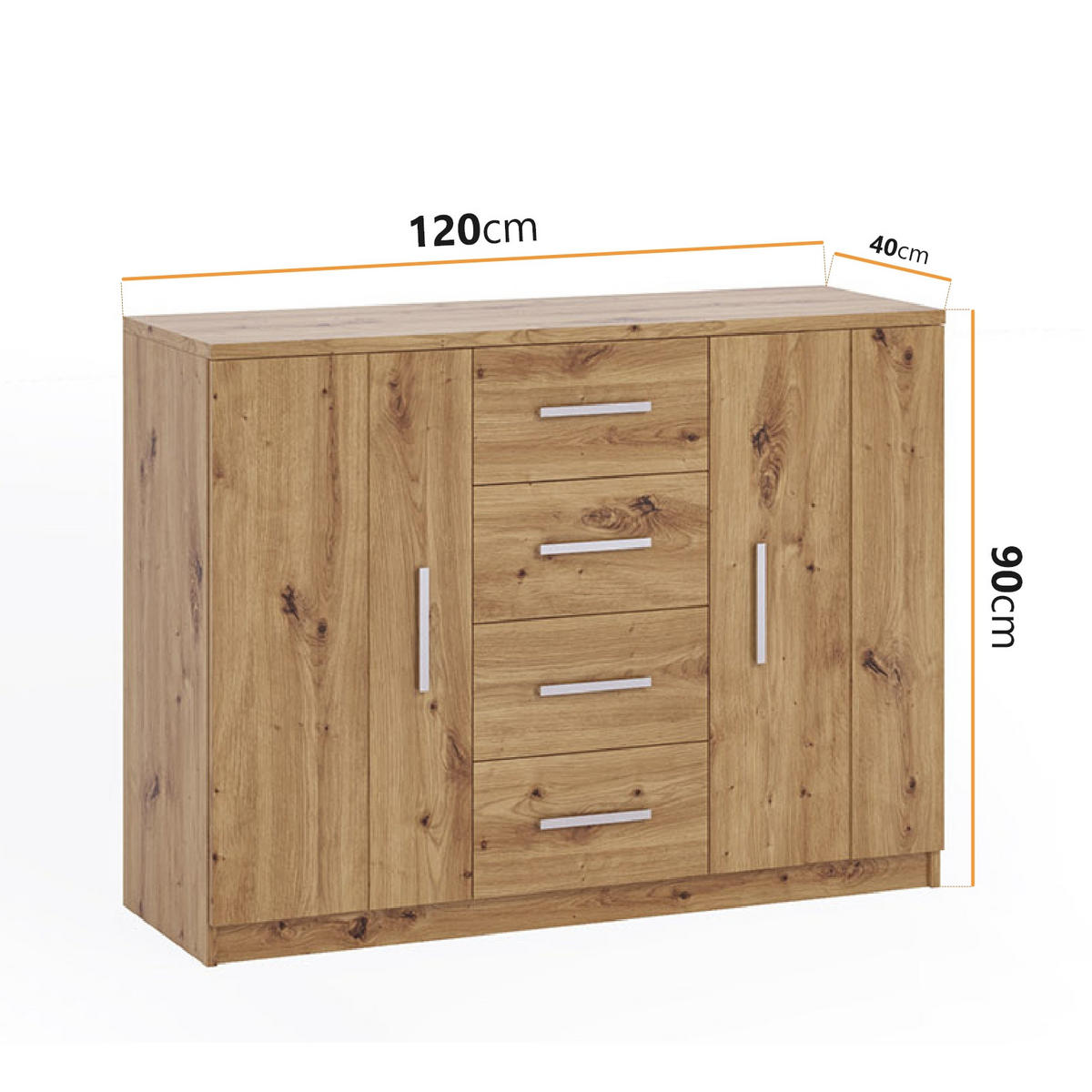 KOMMODE Tamiza 120 cm 4-Schubladen und 2-Türen - Eichefarben/Silberfarben, Holzwerkstoff/Kunststoff (120/90/40cm) - Ravio