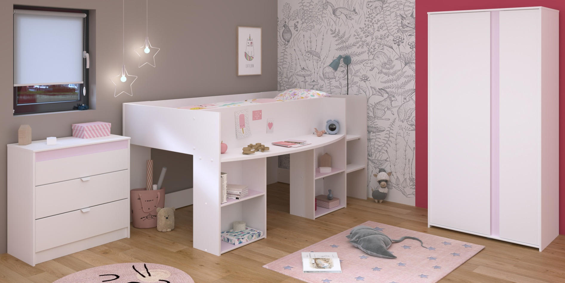 KINDERZIMMER Set 3-tlg. mit Hochbett Kleiderschrank Kommode Bett 90x200 - Weiß/Rosa, Holz/Holzwerkstoff (205/182/132cm) - Parisot Meuble