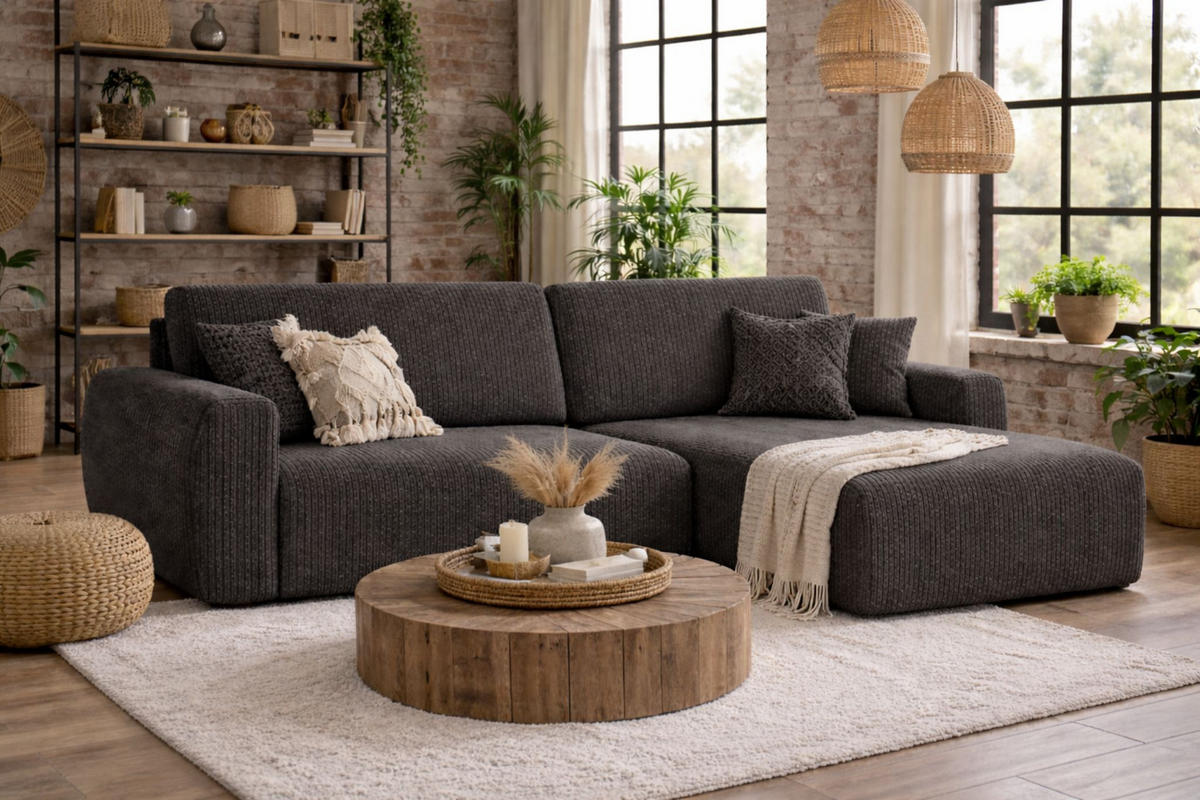 ECKSOFA Mit Schlaffunktion Ariel L, Cordstoff, Stoff Poso, Grau, Rechts - Grau, Holz (250/142cm) - Kaiser Möbel