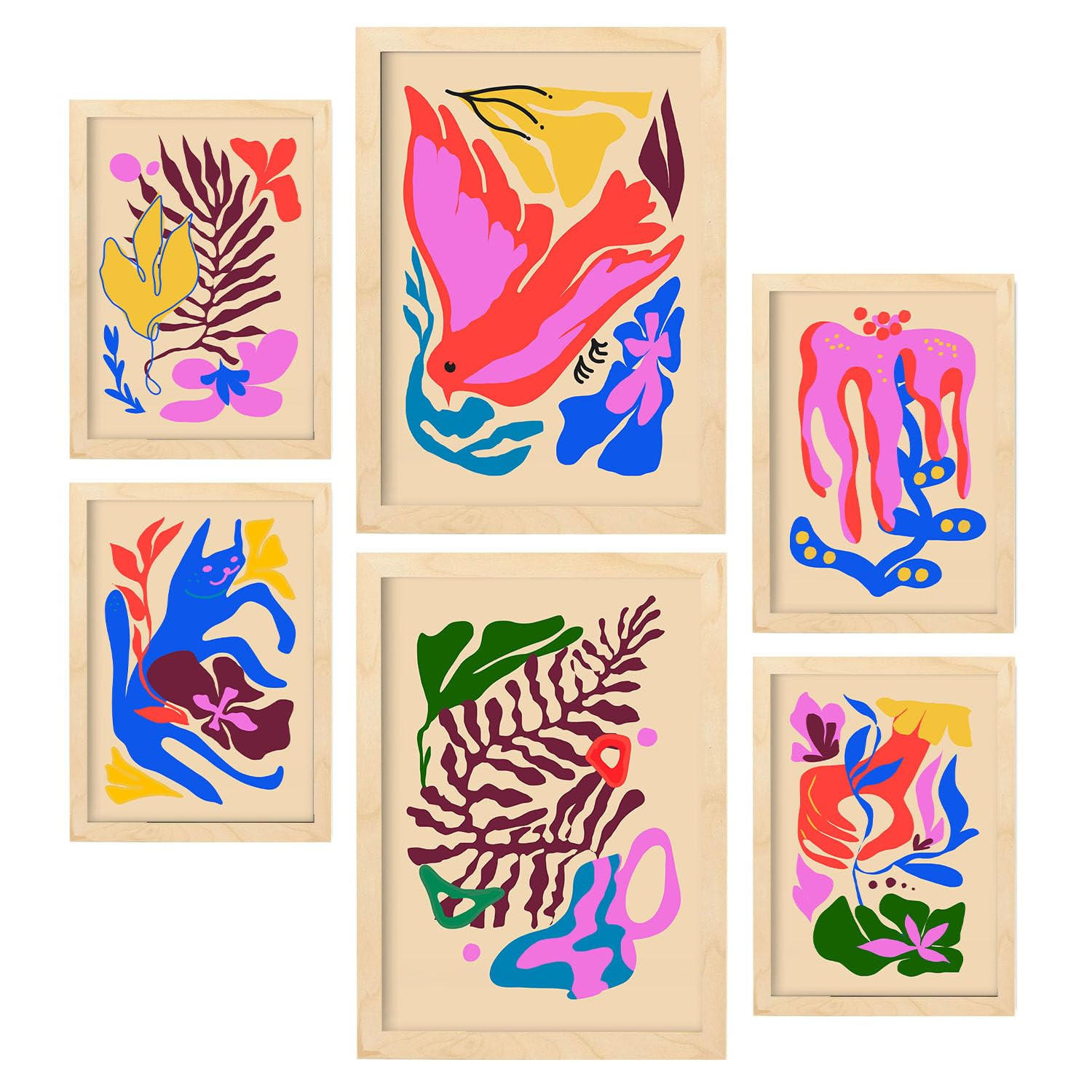 POSTER Set Mit 6 Malerisch 3 In Blume Zusammenfassung Ästhetische Dekorative Gemälde Für Ihr Wohnzimmer Zuhause A3 & A4 Rahmen Aus Hellem Holz - Beige, Papier (29/3cm) - Nacnic