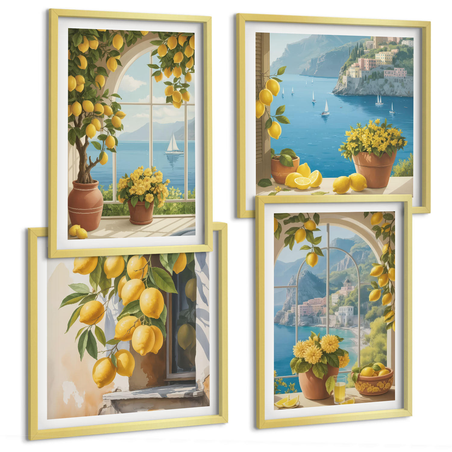 BILDER SET 4er Set - 50x50 cm & 40x60 cm Goldrahmen - Meereslandschaften, Zitronen, Fenster - Goldfarben, Kunststoff (50/50cm) - TULUP