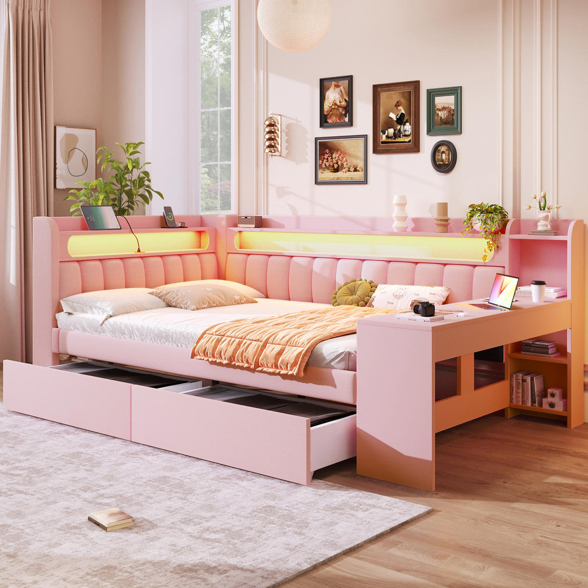 TAGESBETT 140/200 cm rosa aus MDF mit USB, LED, Schreibtisch und 2 Schubladen - Rosa, Holzwerkstoff (140/200cm) - OKWISH