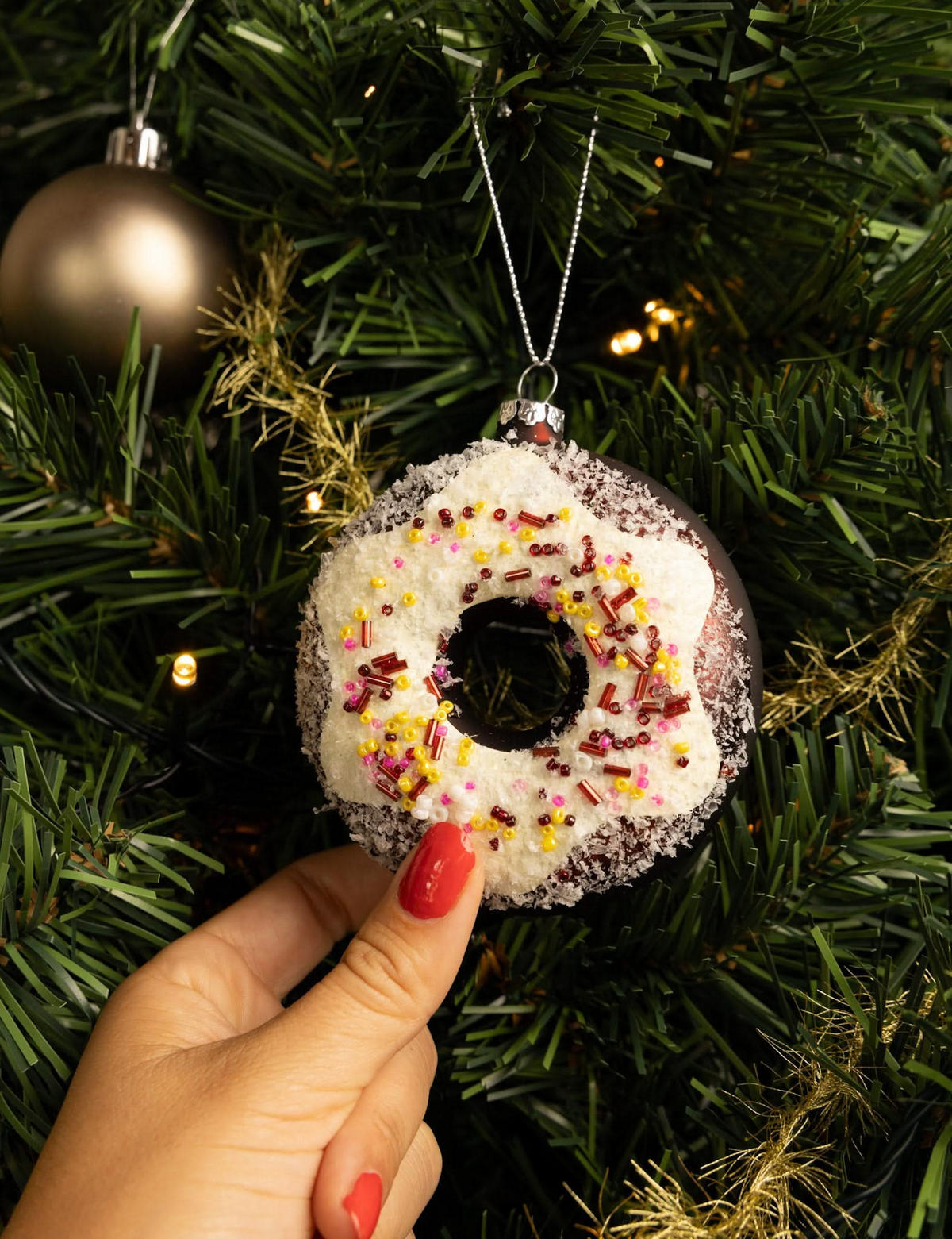 WEIHNACHTSKUGEL Donut Weiß/Braun 10 cm - Weiß, Glas (4/10/1cm)