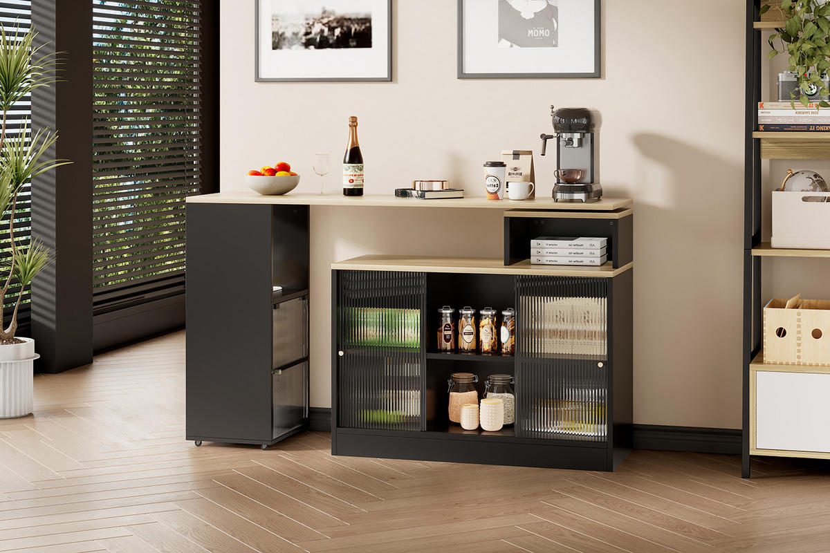 KÜCHENINSEL 2-teiliges Set Bartisch AUSZIEHBAR DREHBAR, mit Beistellschrank, MDF Regenbogen-Glas Schwarz, Küche - Schwarz, Kunststoff (50.42/29.85/83.19cm) - Rolipo