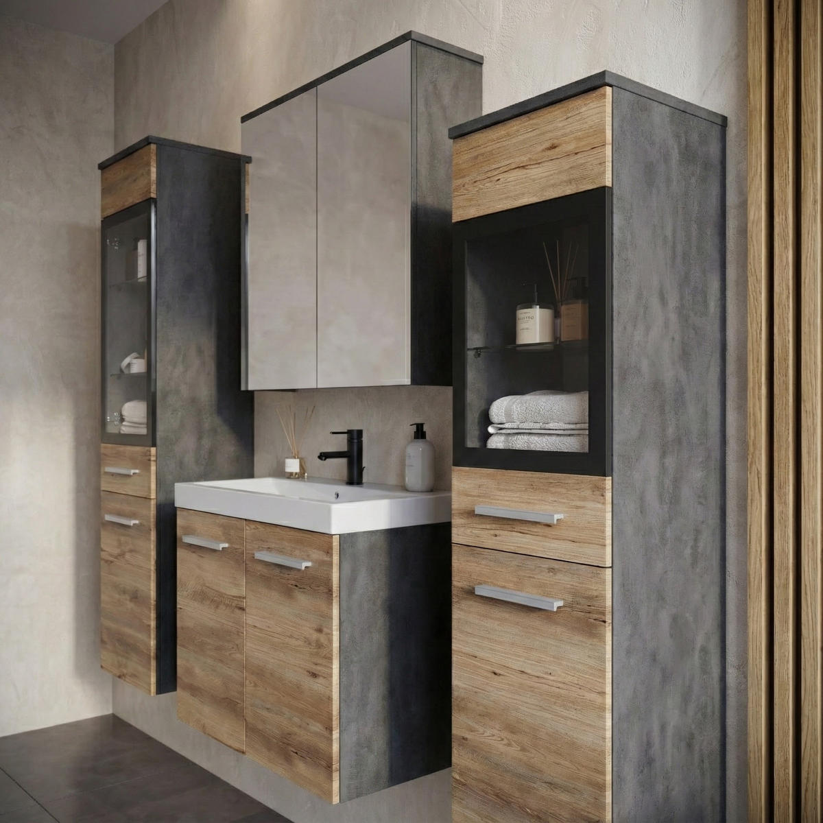 BADMÖBEL-SET Mirano 5 Teile Kastanien Eiche / Grau - 60 x 35 x 51 cm - Eichefarben/Grau, Holz (60/47/35cm) - Badplaats