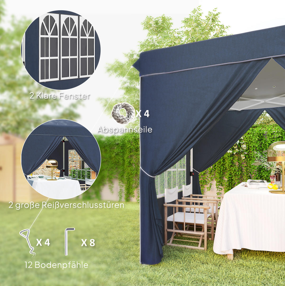 FALTPAVILLON 248/248/270 cm mit Pop-up-Mechanismus, 3-fach höhenverstellbar und 4 Seitenteilen, Blau - Blau, Textil (248/270/248cm) - Redom