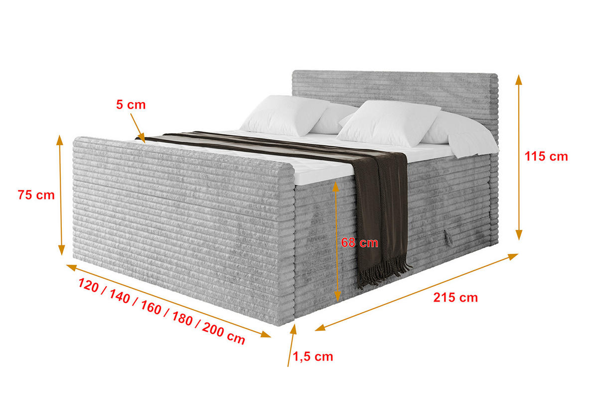 BOXSPRINGBETT mit Matratze H3|H4 und Lattenrost - TOLO-Z KING-v1 120x200 Cord - Hellgrau - Hellgrau, Holzwerkstoff (120/200cm)